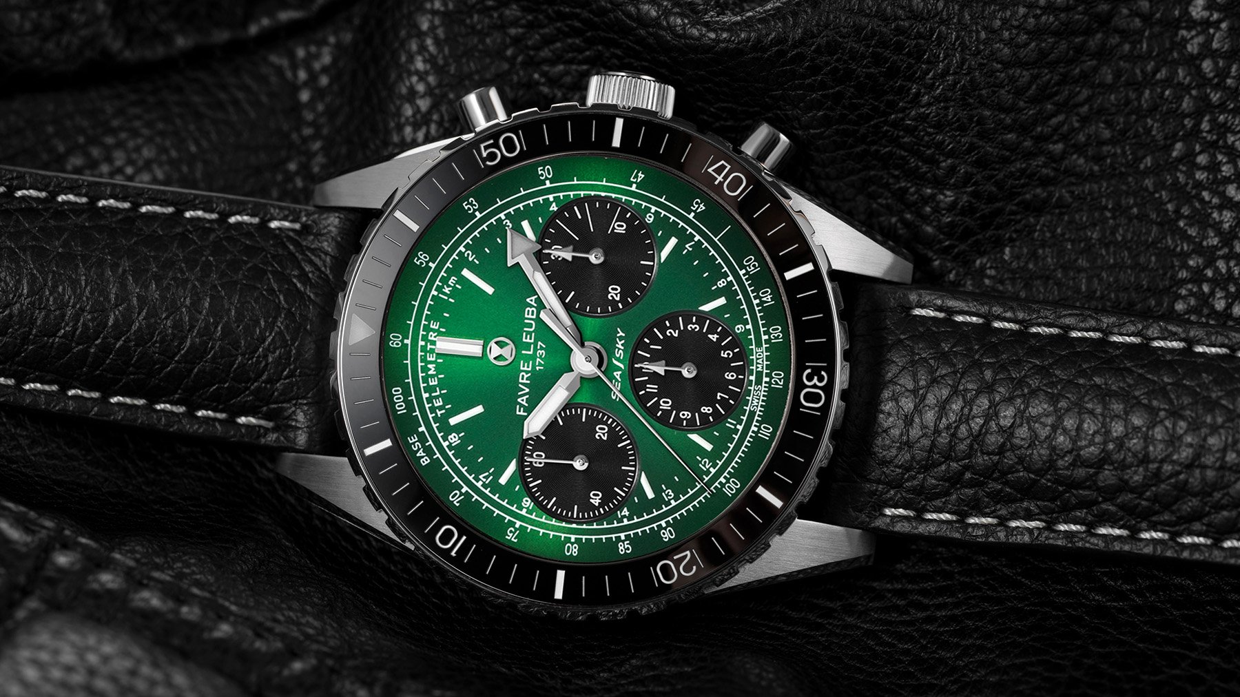 green-dial Favre Leuba Sea Sky Revival on side, crown up