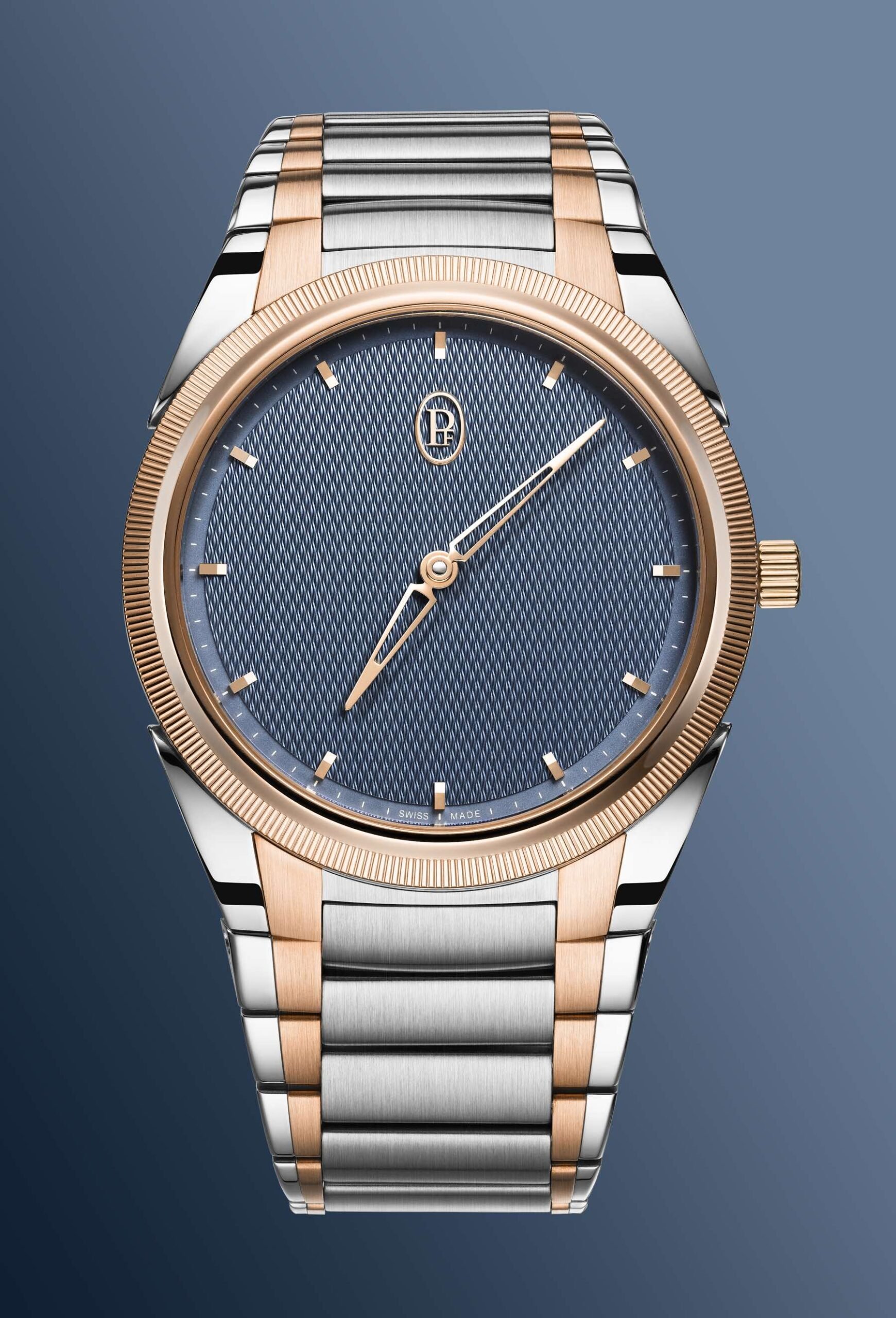 Parmigiani Fleurier Tonda PF Micro-Rotor in steel, rose gold, and stone blue head on