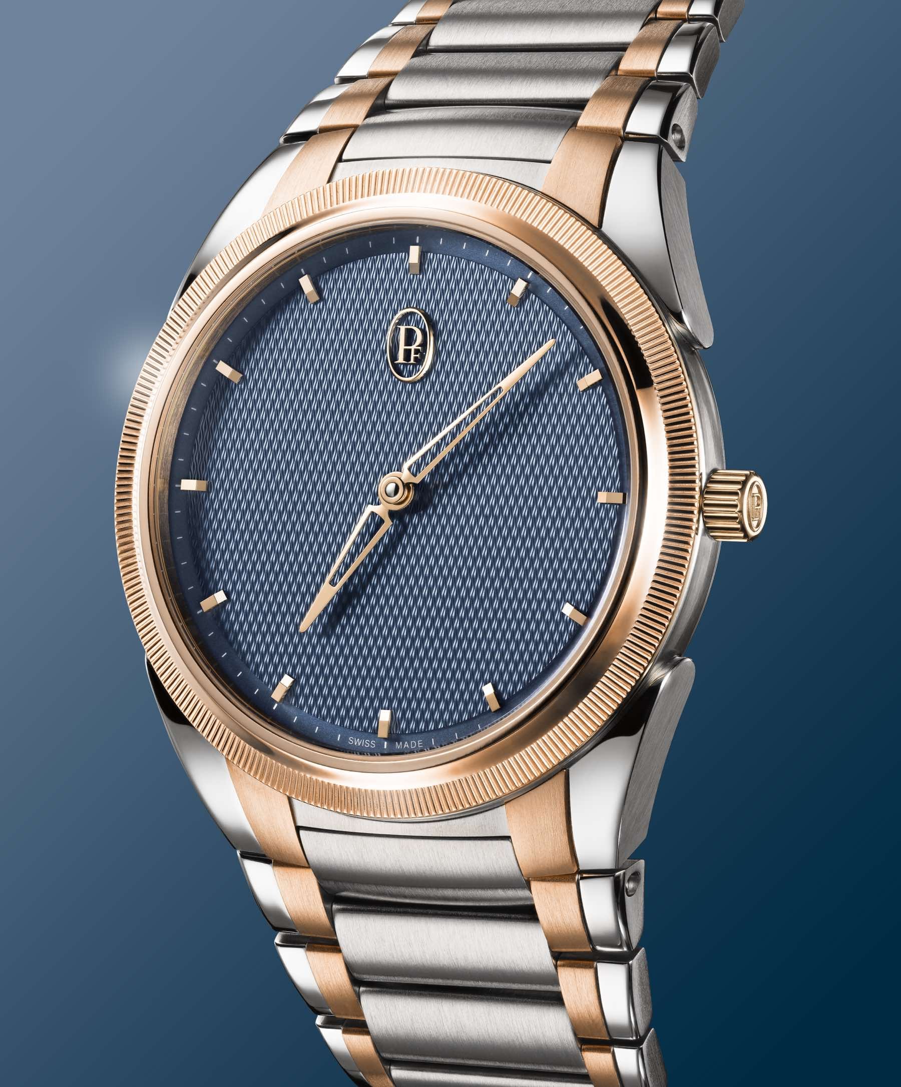 Parmigiani Fleurier Tonda PF Micro-Rotor in steel, rose gold, and stone blue, three-quarter profile shot