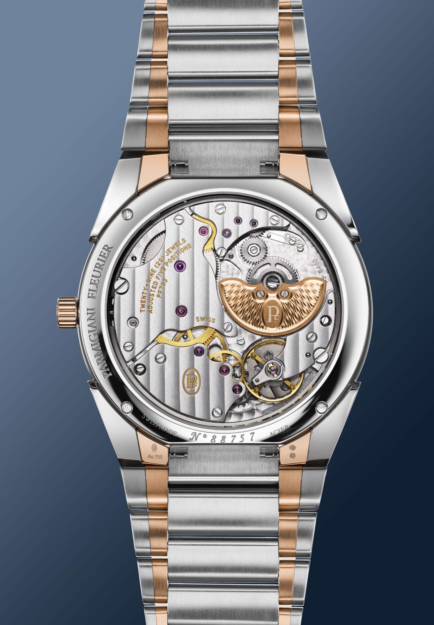 steel and rose gold Parmigiani Fleurier Tonda PF Micro-Rotor case back and movement
