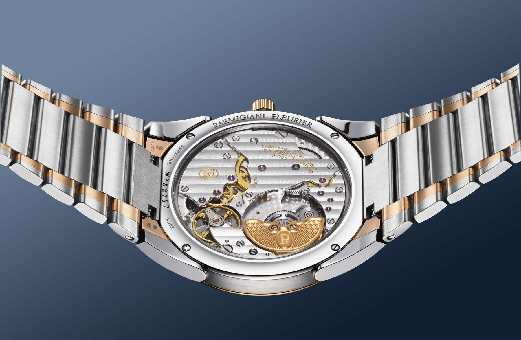 steel and rose gold Parmigiani Fleurier Tonda PF Micro-Rotor case back and movement