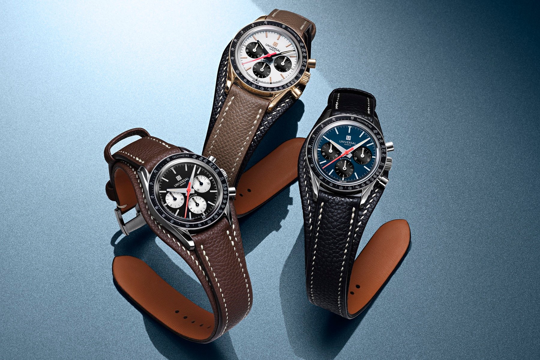 Three propped up Universal Genève Tribute To Compax chronographs