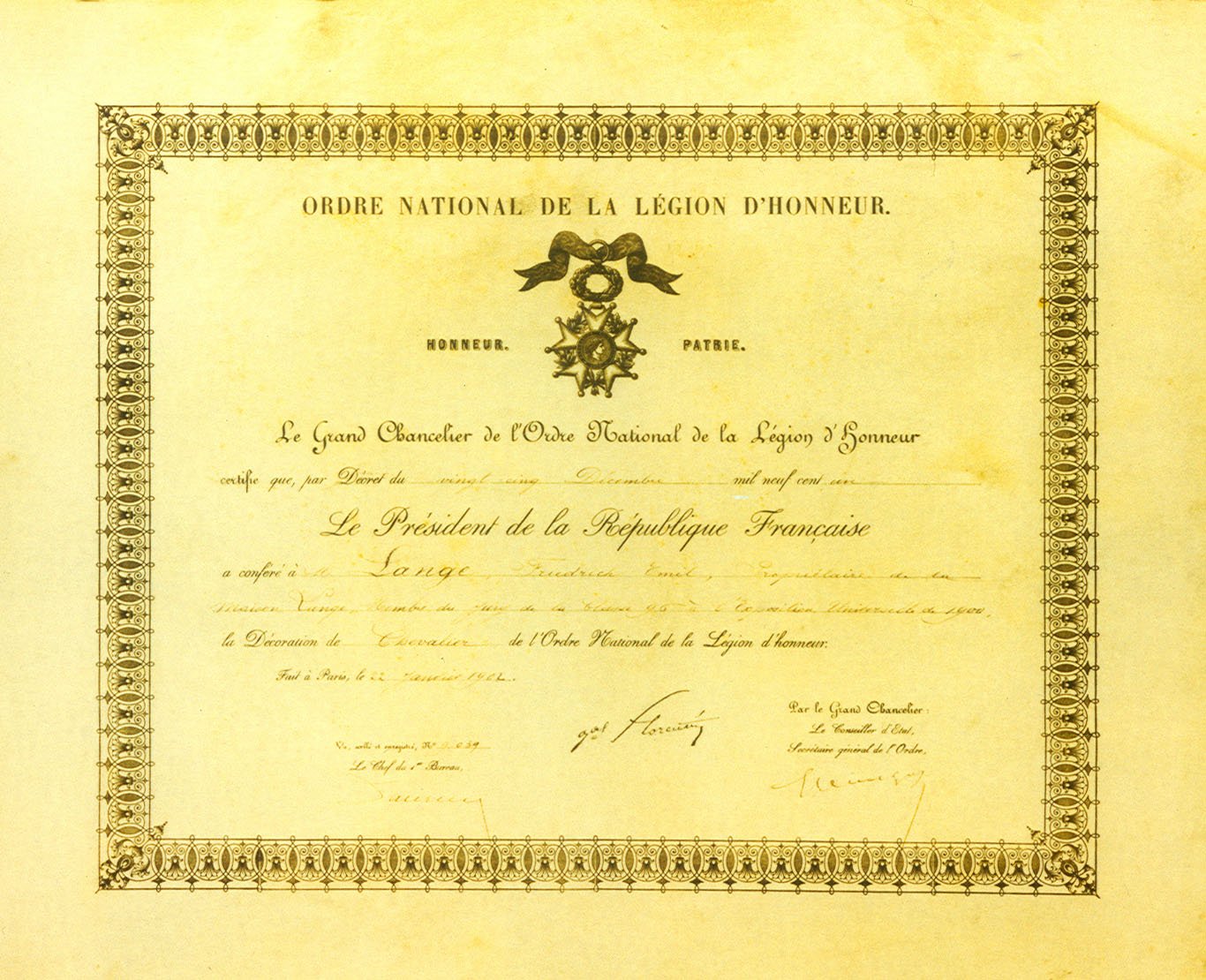 Emil Lange's Legion of Honor certificate from 1902