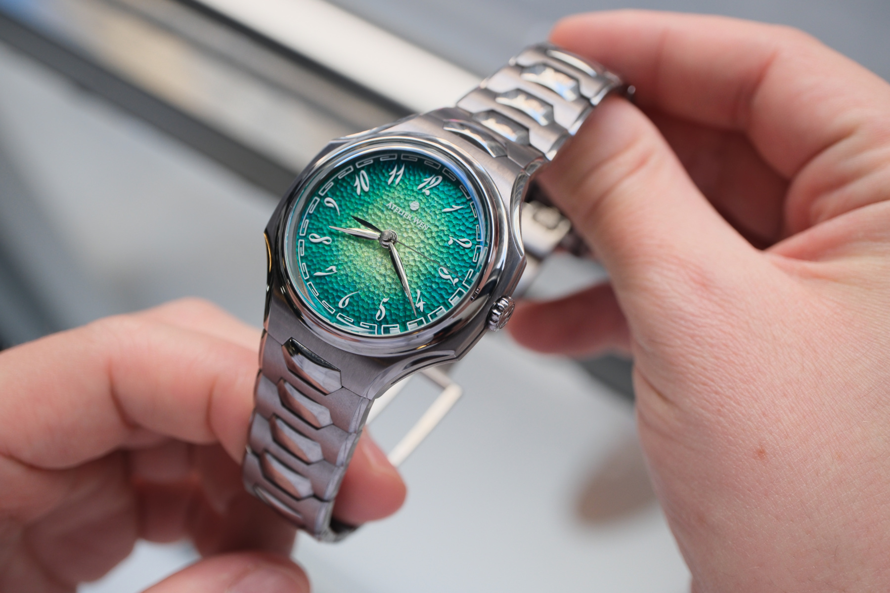 green-dial Atelier Wen Inflection in hands