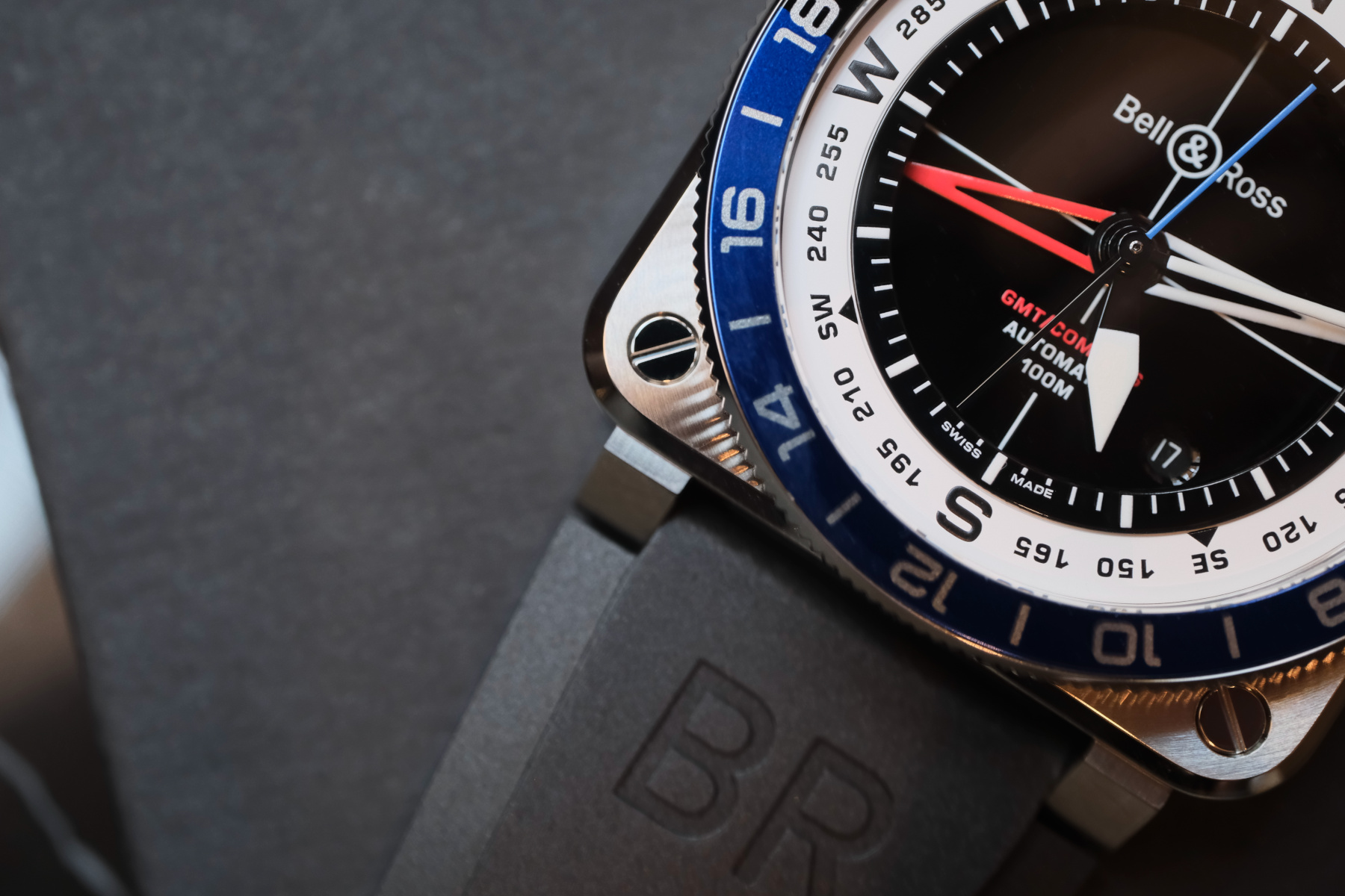 Bell & Ross BR-03 GMT Compass case corner showing the reflected bezel