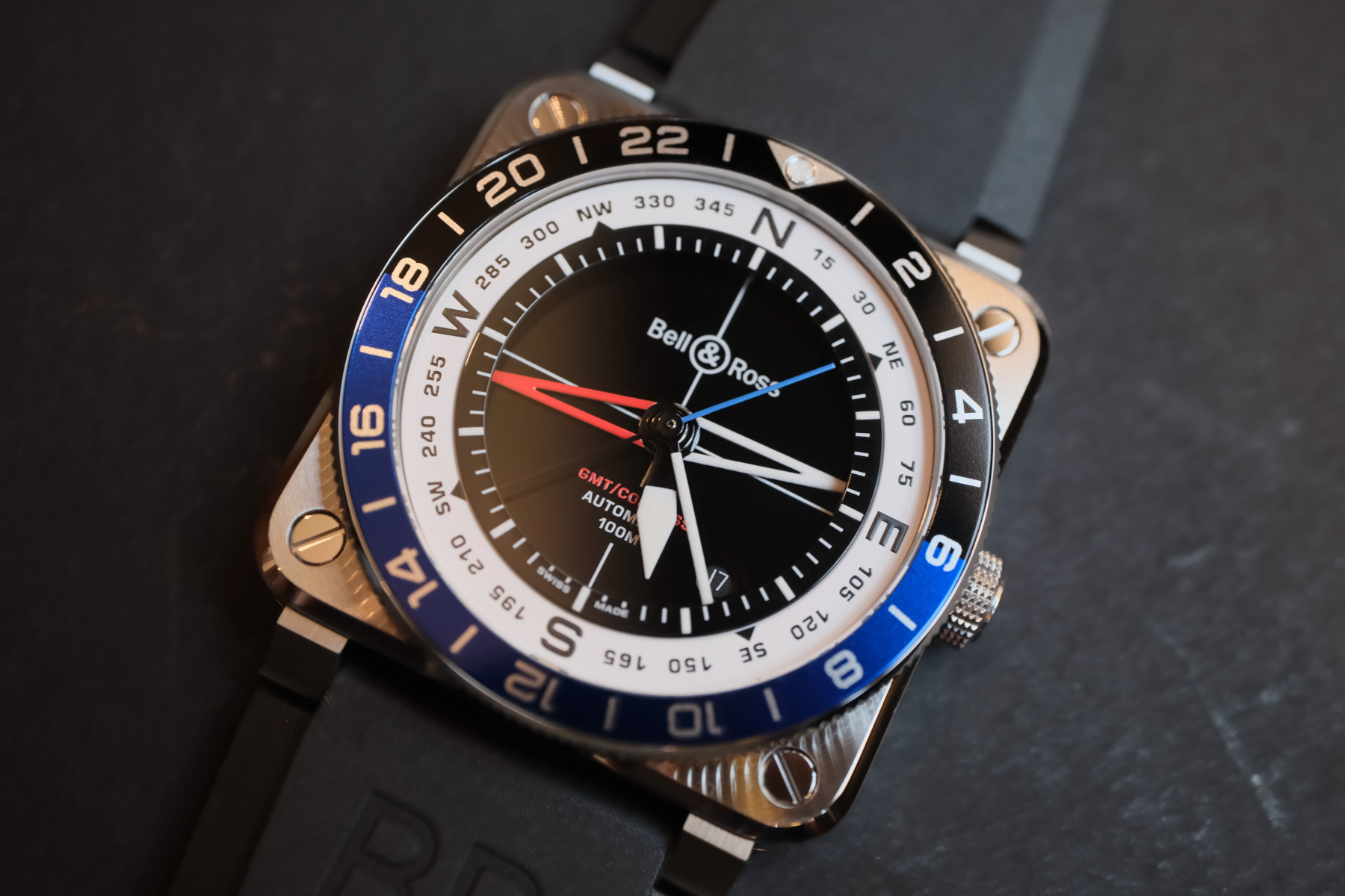 Bell & Ross BR-03 GMT Compass flat-lay close up