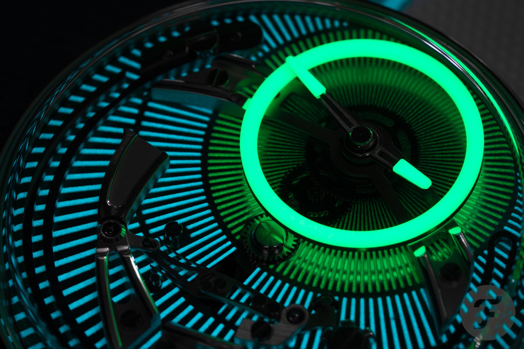 Christopher Ward C1 Bel Canto Lumière dial up close, lume shot