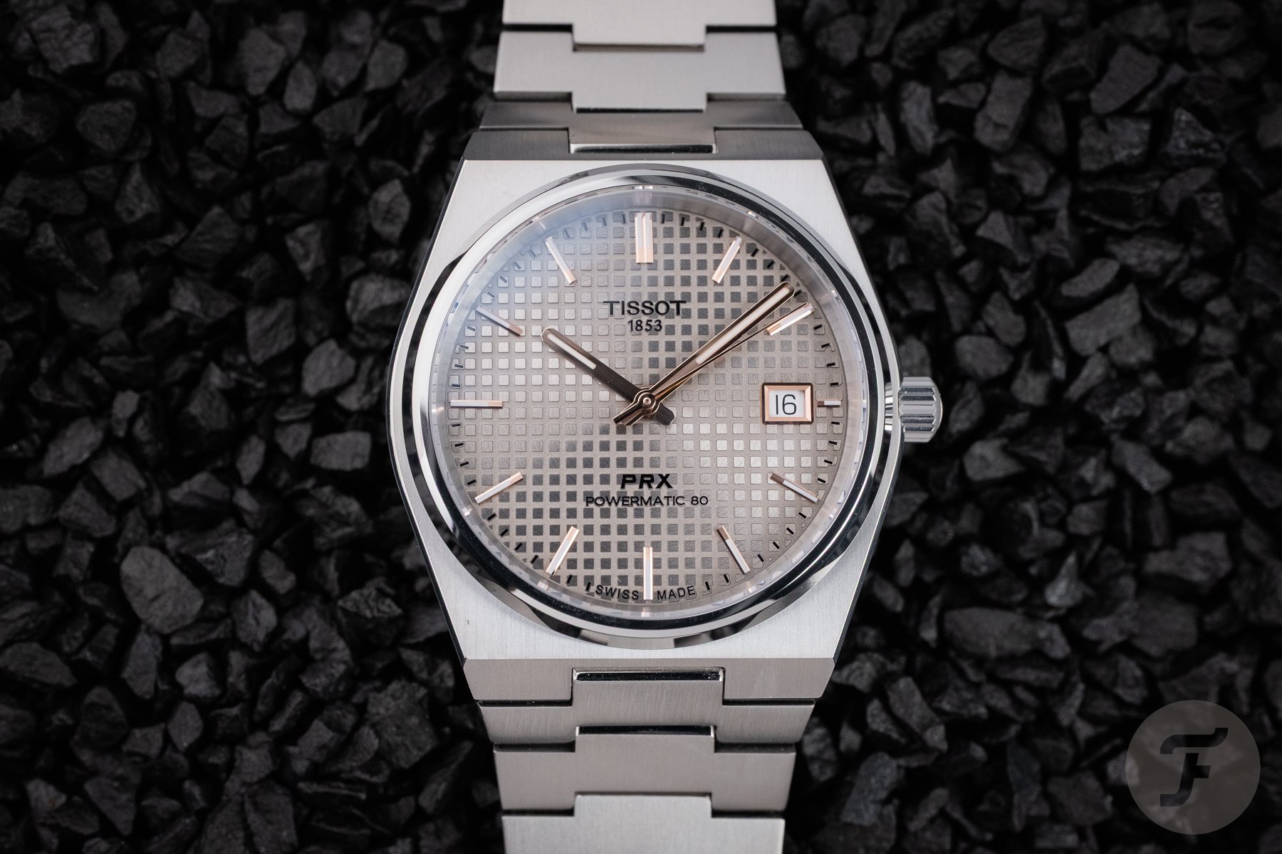 Tissot PRX Titanium 38mm up close, head on