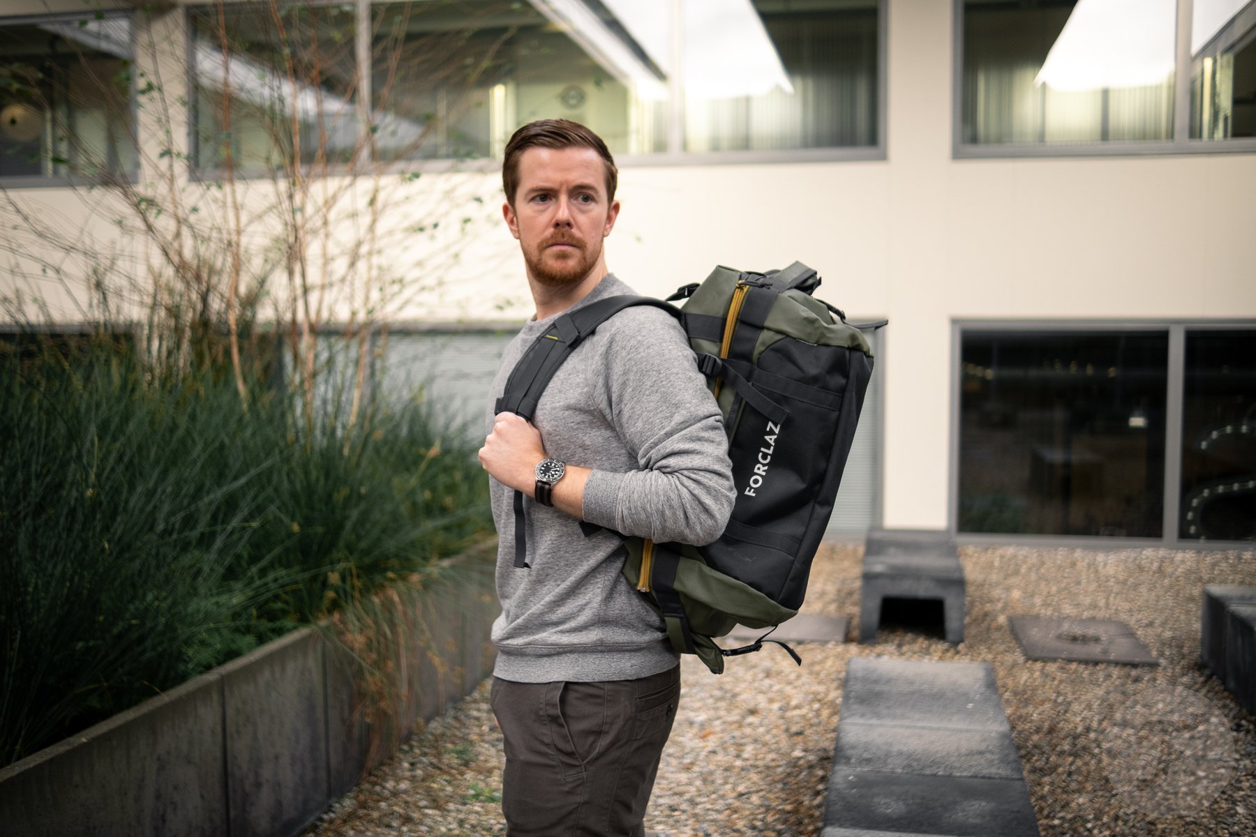 Nacho Conde wearing the Forclaz Decathlon 40-60L expandable duffle bag