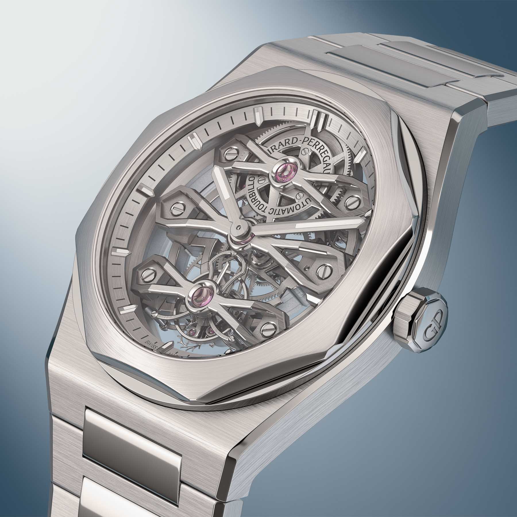 Girard-Perregaux Laureato Three Gold Bridges diagonal profile view