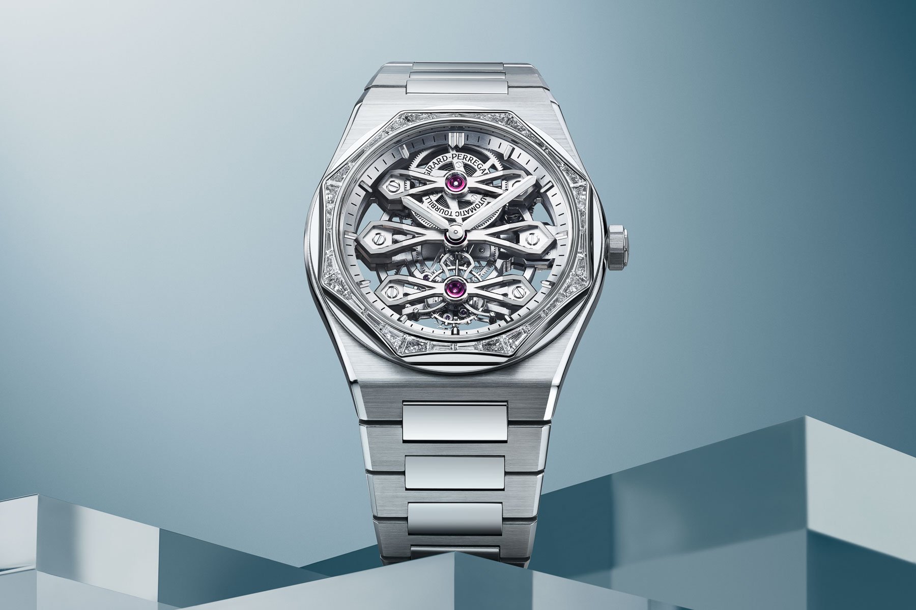 Girard-Perregaux Laureato Three Gold Bridges with diamond bezel, head on