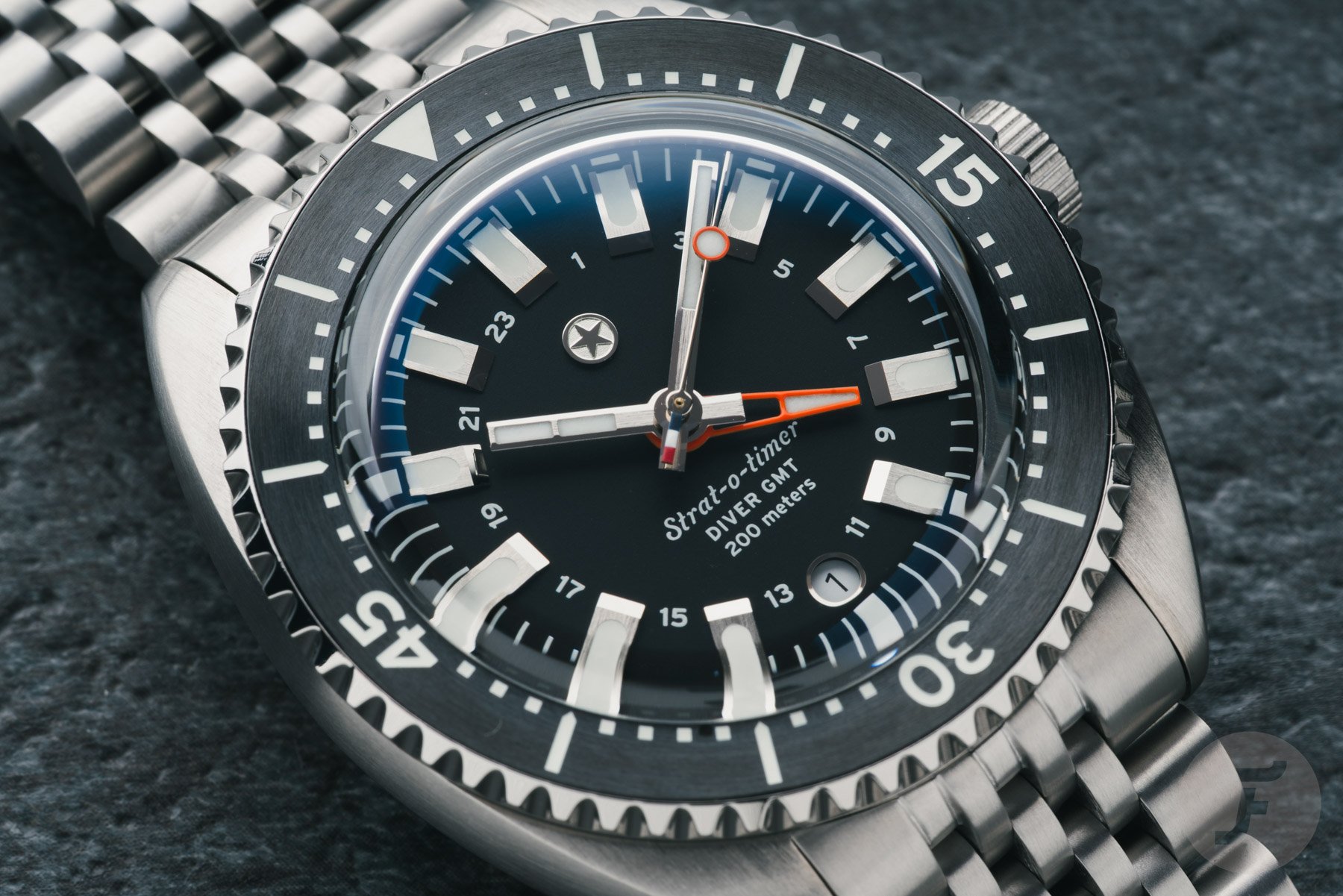 black-dial Jack Mason Strat-o-Timer Titanium Diver GMT up close