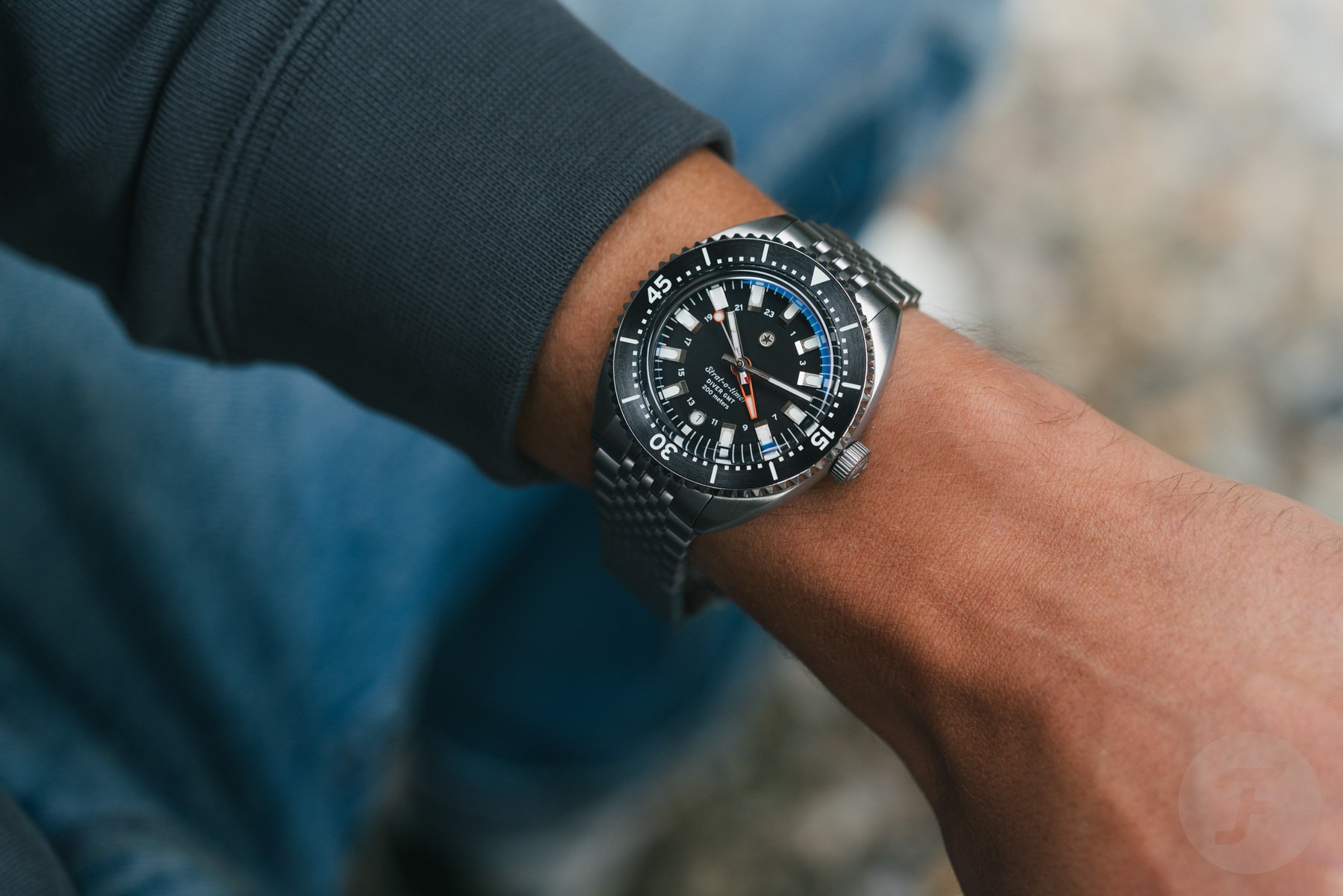 black-dial Jack Mason Strat-o-Timer Titanium Diver GMT wrist shot