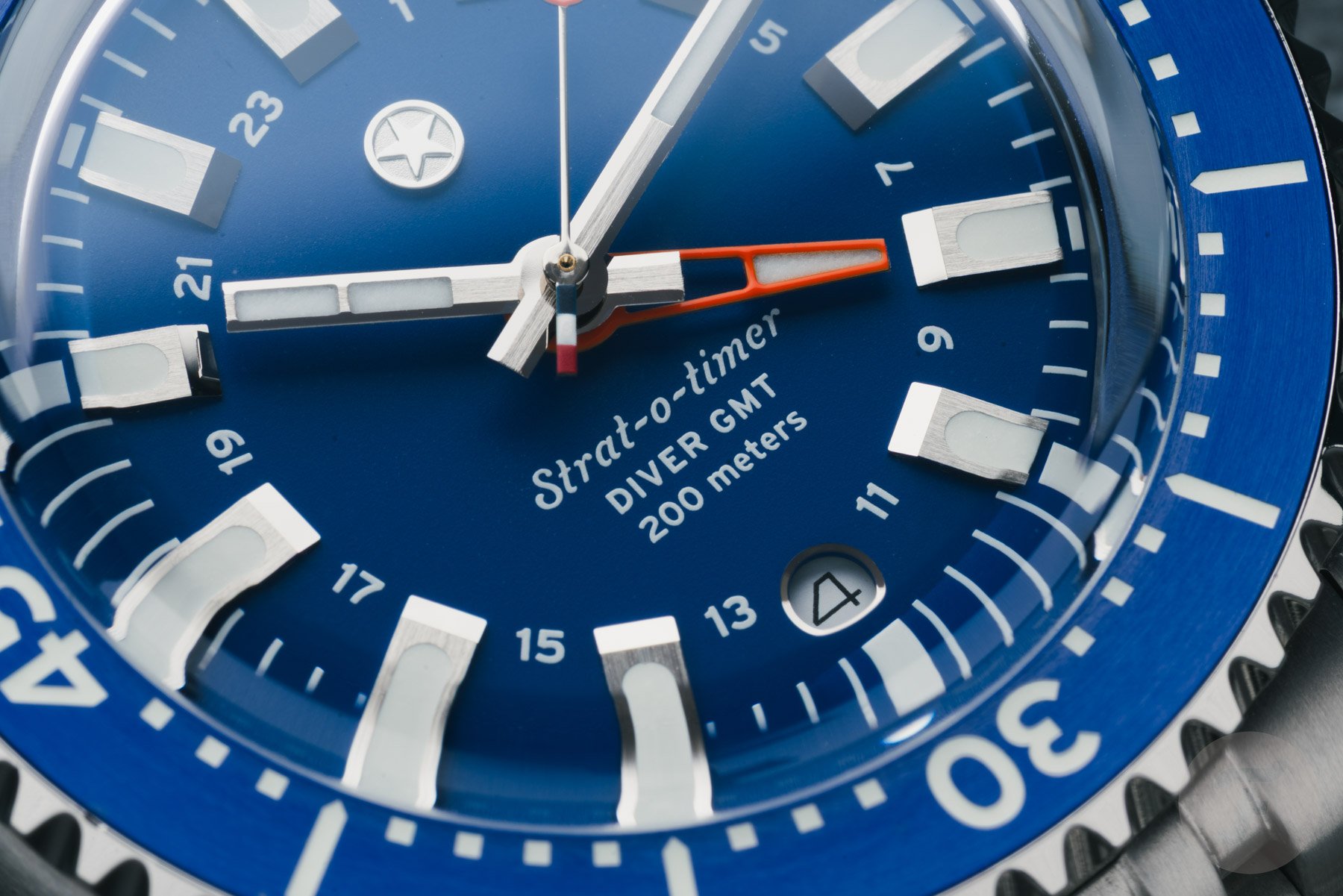 Jack Mason Strat-o-Timer Titanium Diver GMT blue dial up close