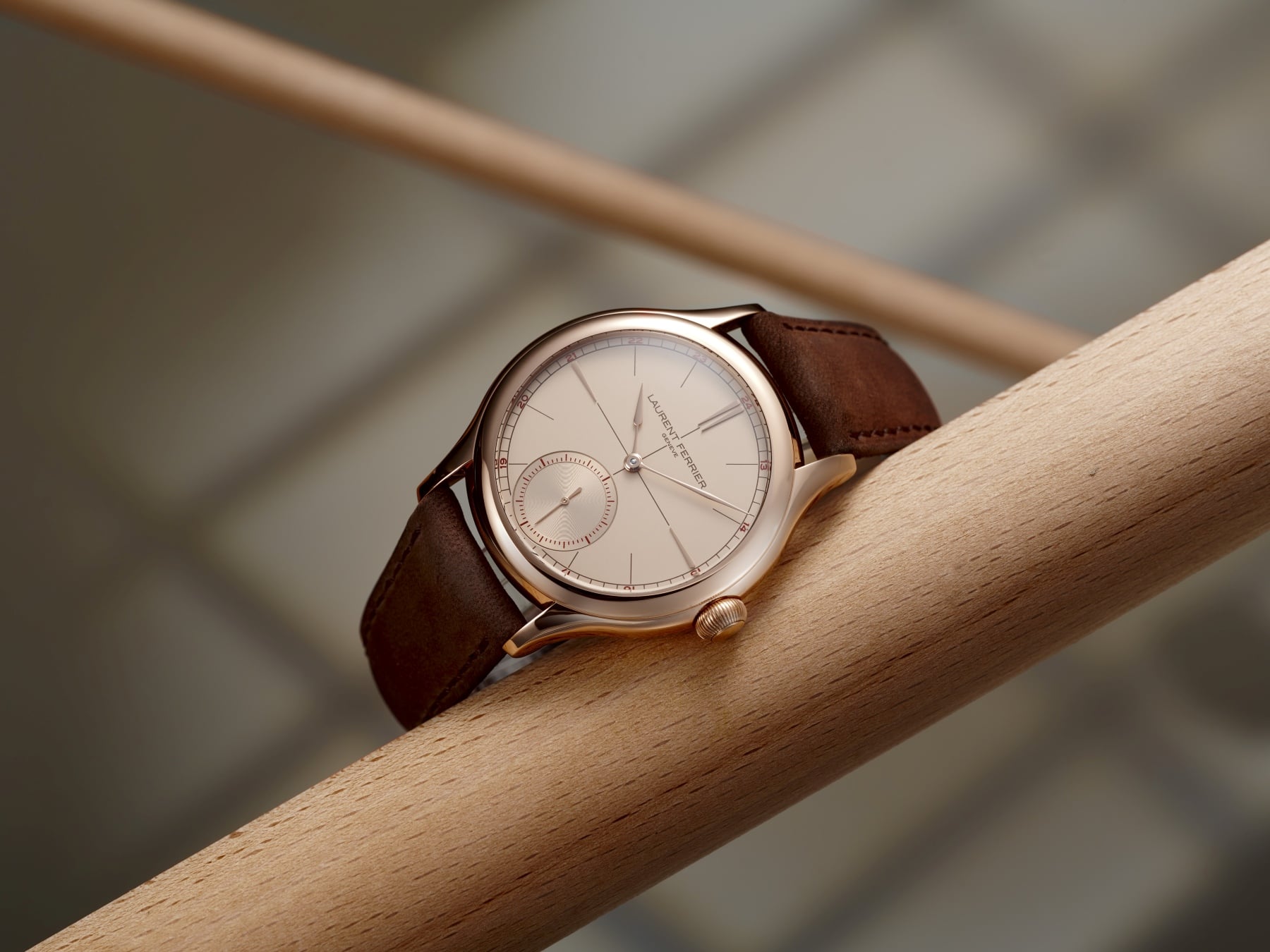 Laurent Ferrier Classic Origin Beige on a piece of wood