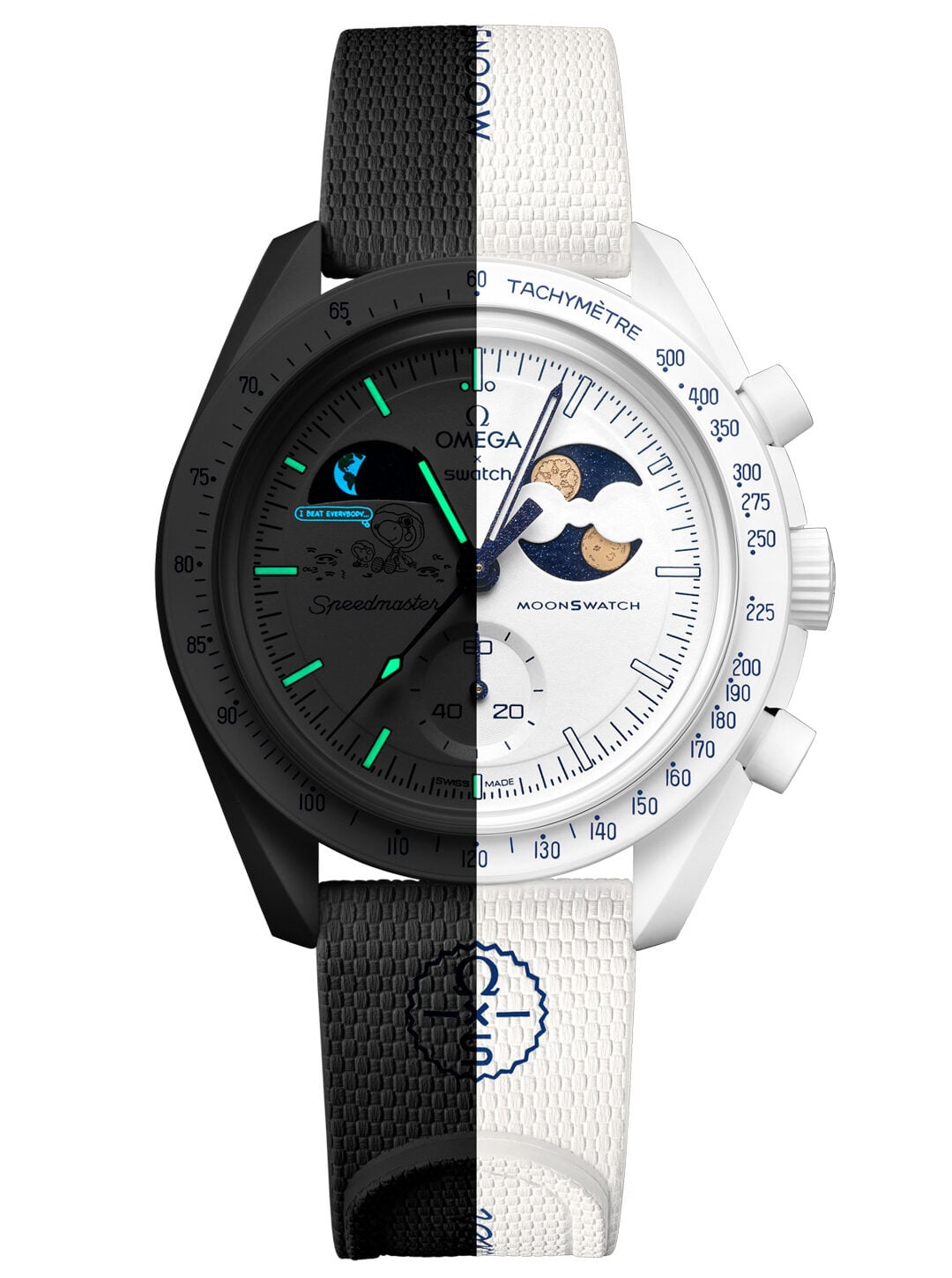 MoonSwatch Mission to Earthphase Moonshine Gold half-lume shot