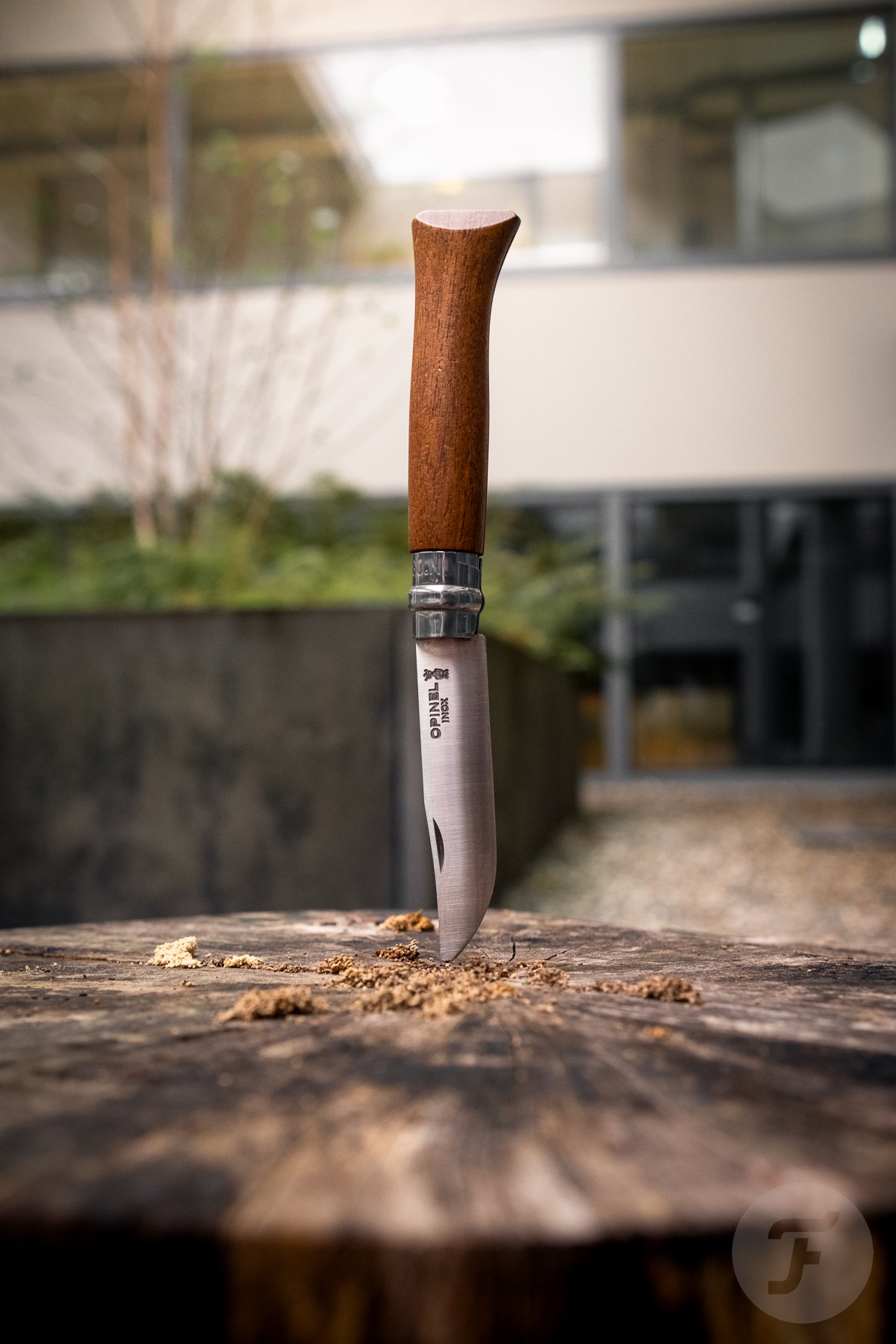 Opinel knife with walnut handle stuck in stump