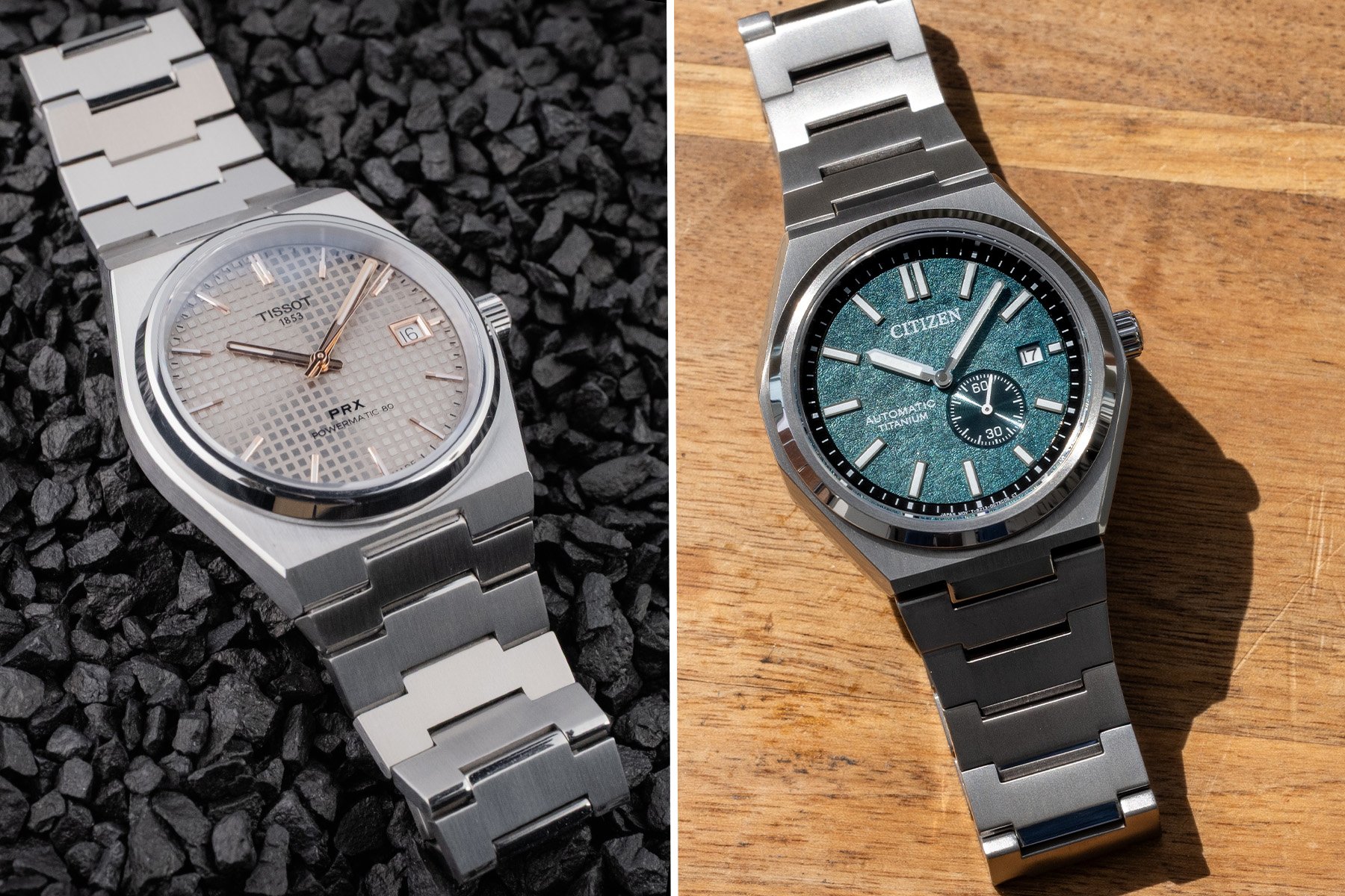 Citizen Super Titanium Zenshin Small Seconds vs. Tissot PRX Titanium 38mm collage