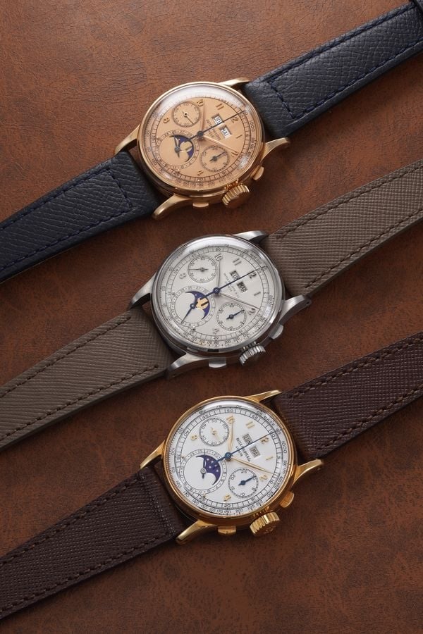 Three versons of the Patek Philippe ref. 1518 diagonally displayed