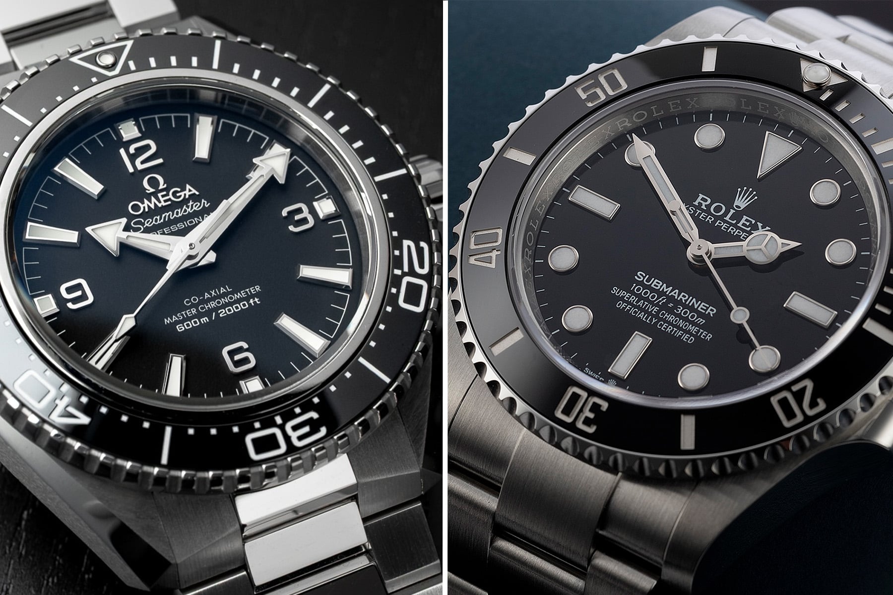 Omega Seamaster Planet Ocean 600M vs. Rolex Submariner 124060 collage