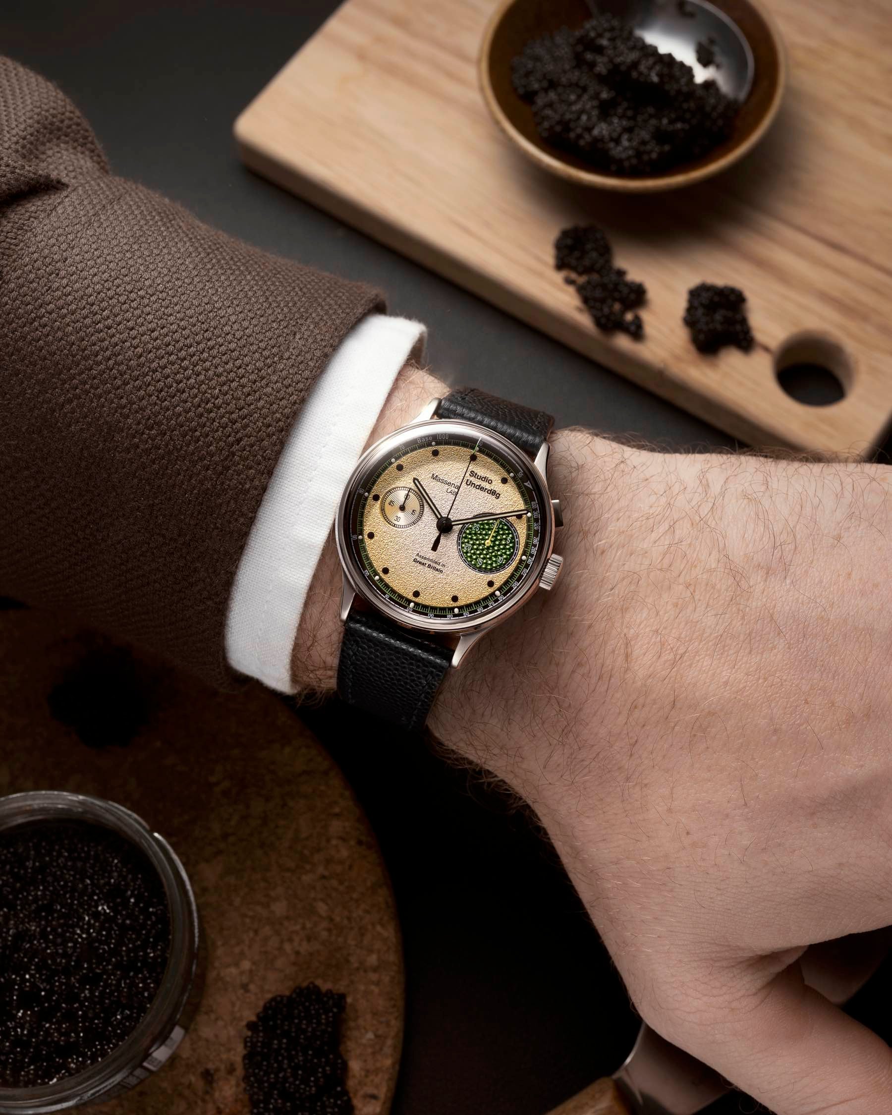 Studio Underd0g × Massena Lab 03Series Champagne & Caviar on wrist with real caviar in background