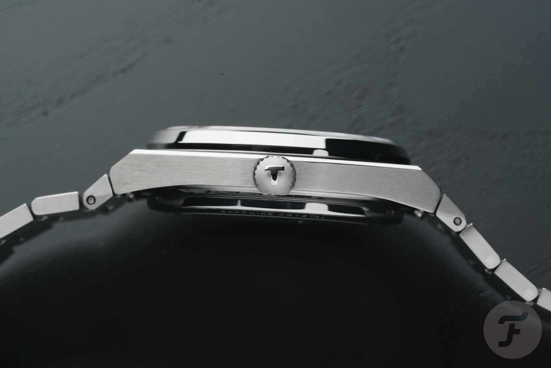 Tissot PRX Titanium 38mm case profile, crown side