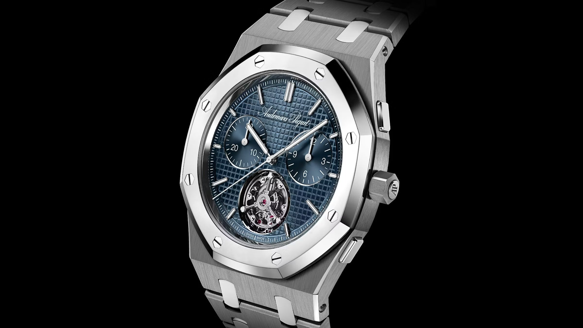 Audemars Piguet Royal Oak “Jumbo” Extra-Thin Selfwinding Flying Tourbillon Chronograph RD#5 tilted upright view