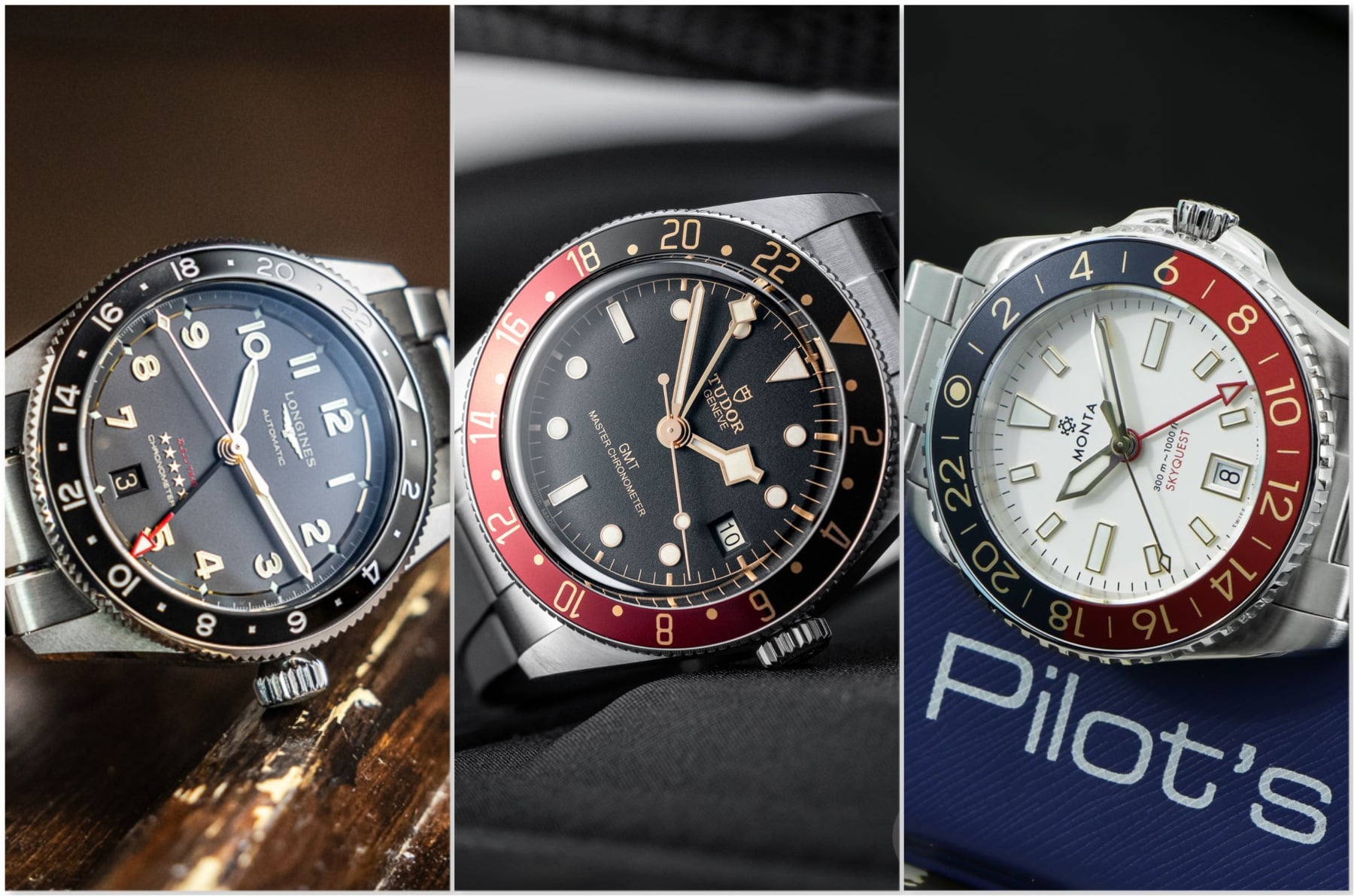 Collage of Tudor, Longines, and Monta GMT watches