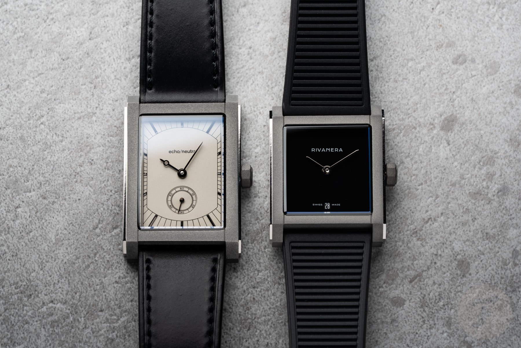 Echo/Neutra Rivanera Piccolo MB next to last year's gray-dial Rivanera