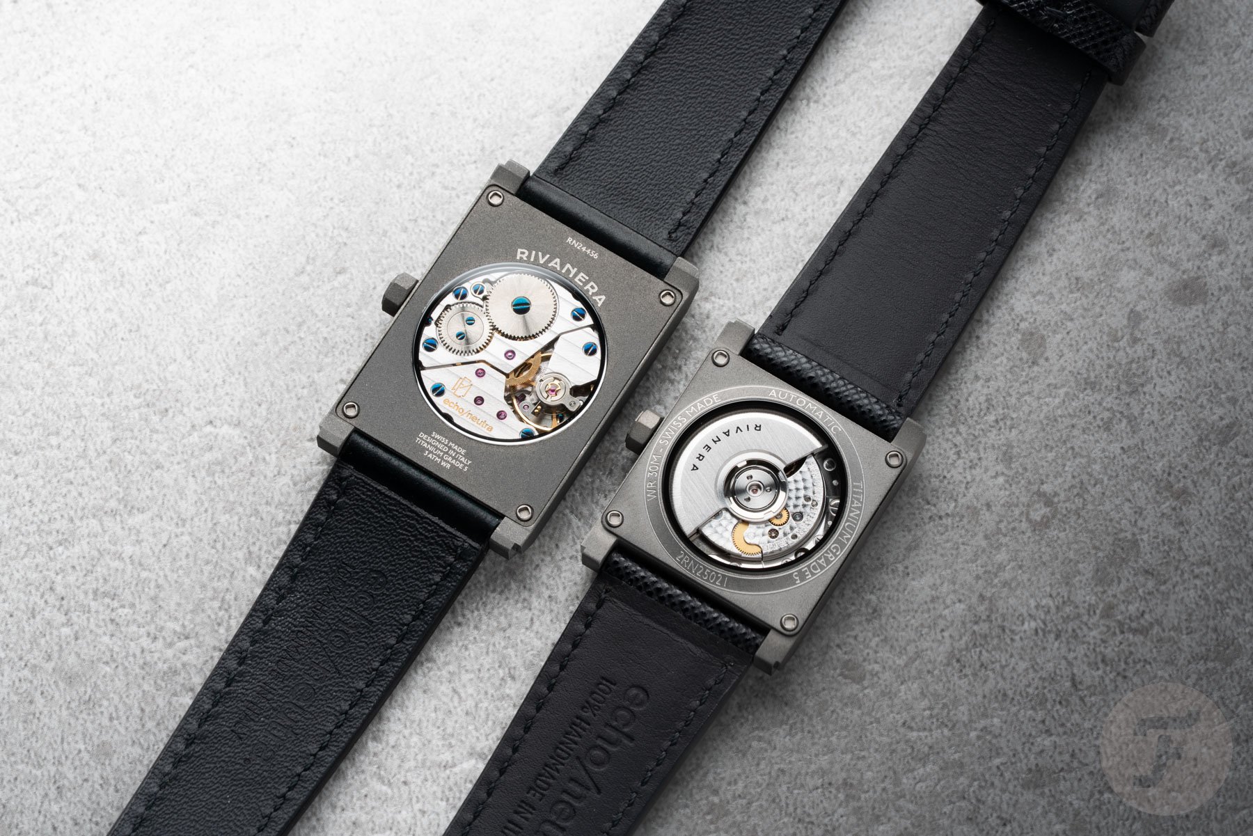 Echo/Neutra Rivanera and Rivanera Piccolo models face down, showing movements