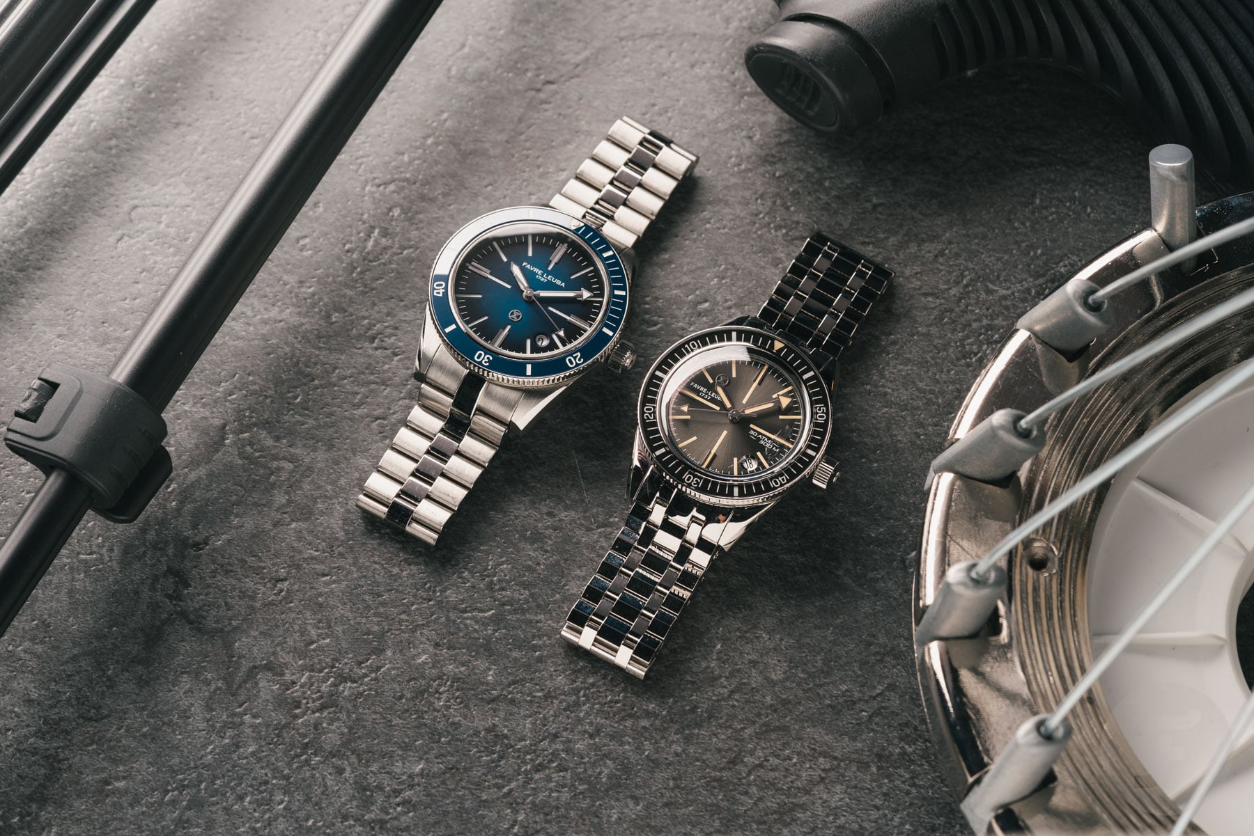 Favre Leuba Deep Raider Renaissance and Revival side by side, flat-lay