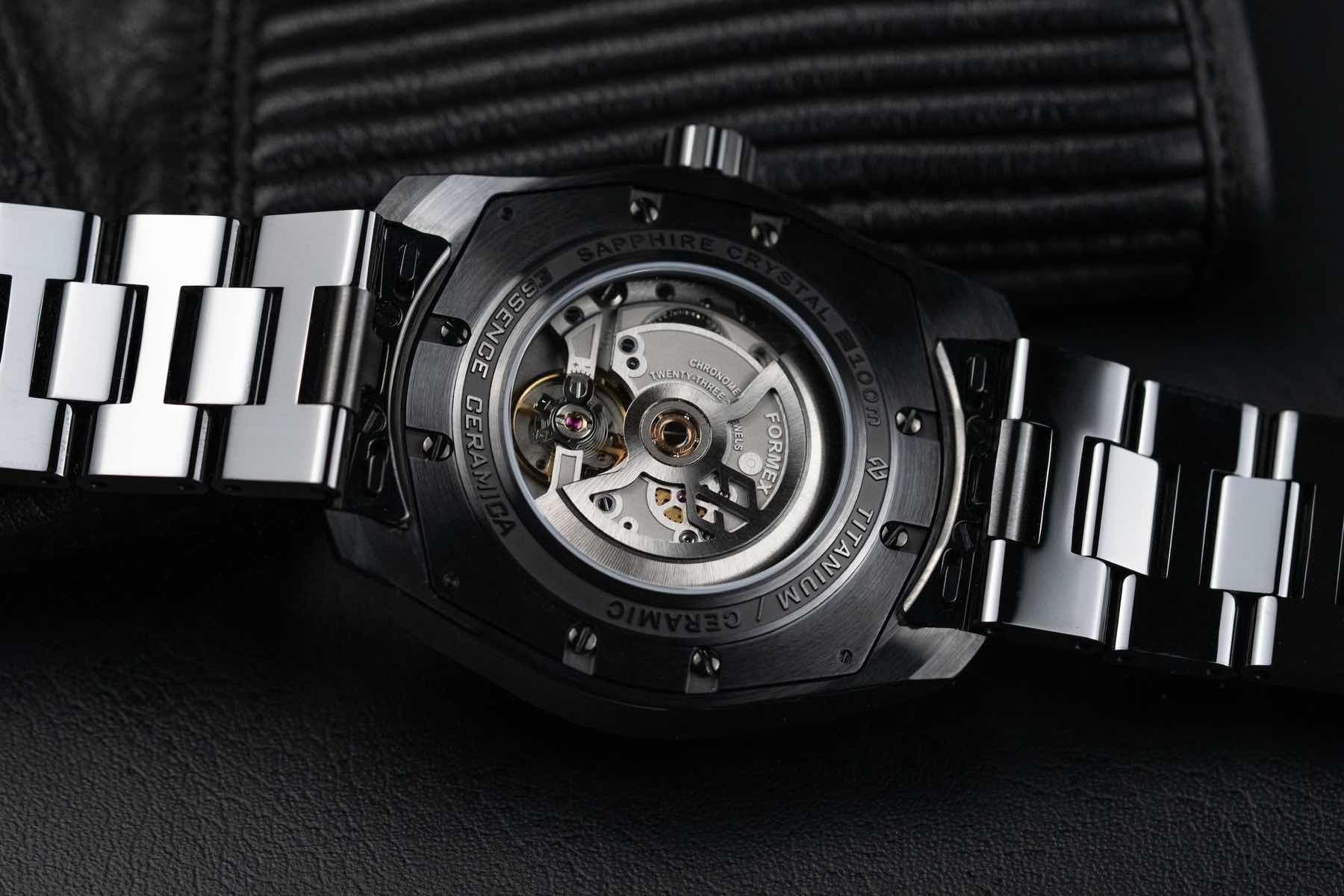 Formex Essence Ceramica 41 mm Automatic COSC - Dark Matter case back and movement