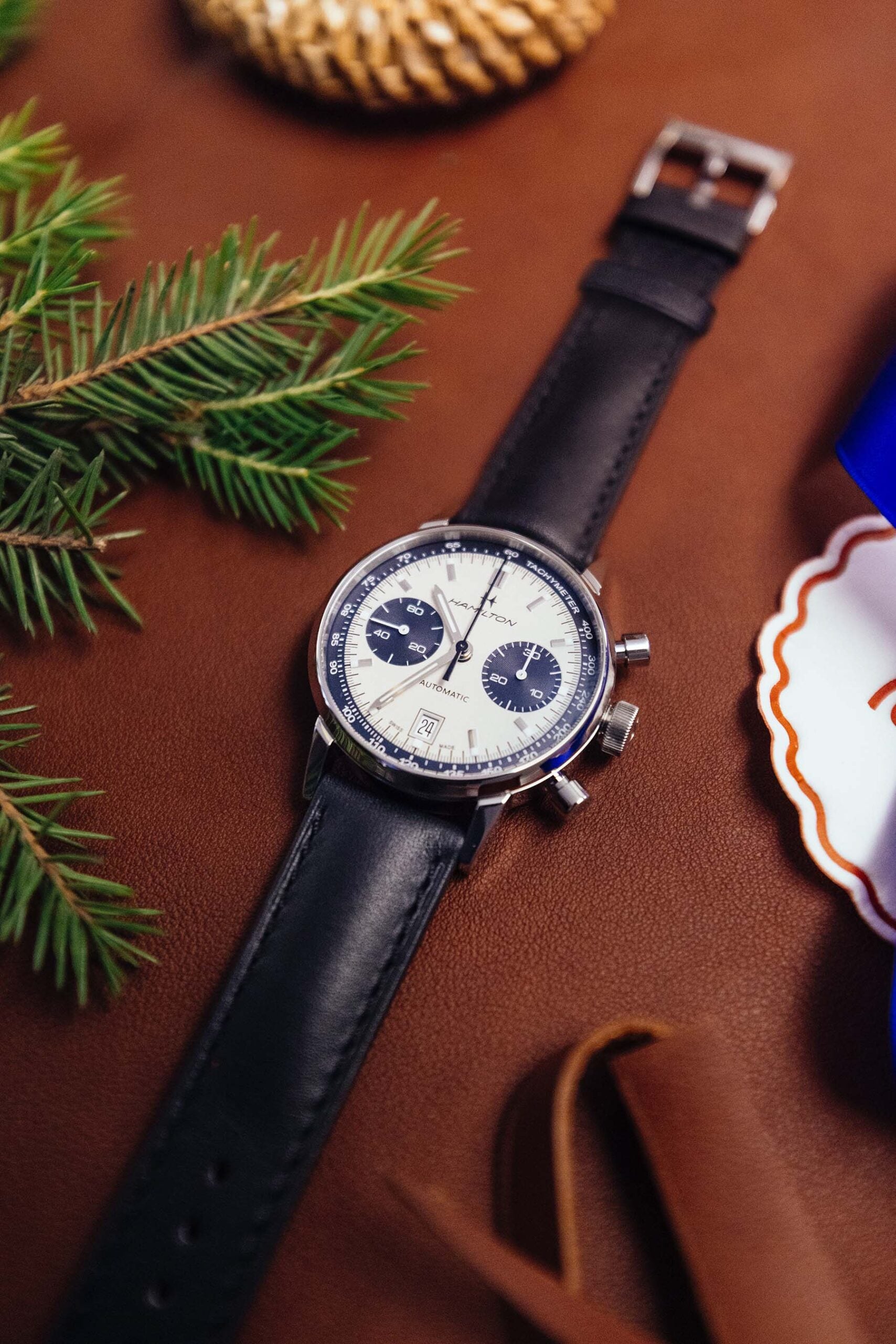 Hamilton American Classic Intra-Matic Auto Chrono festive flat-lay