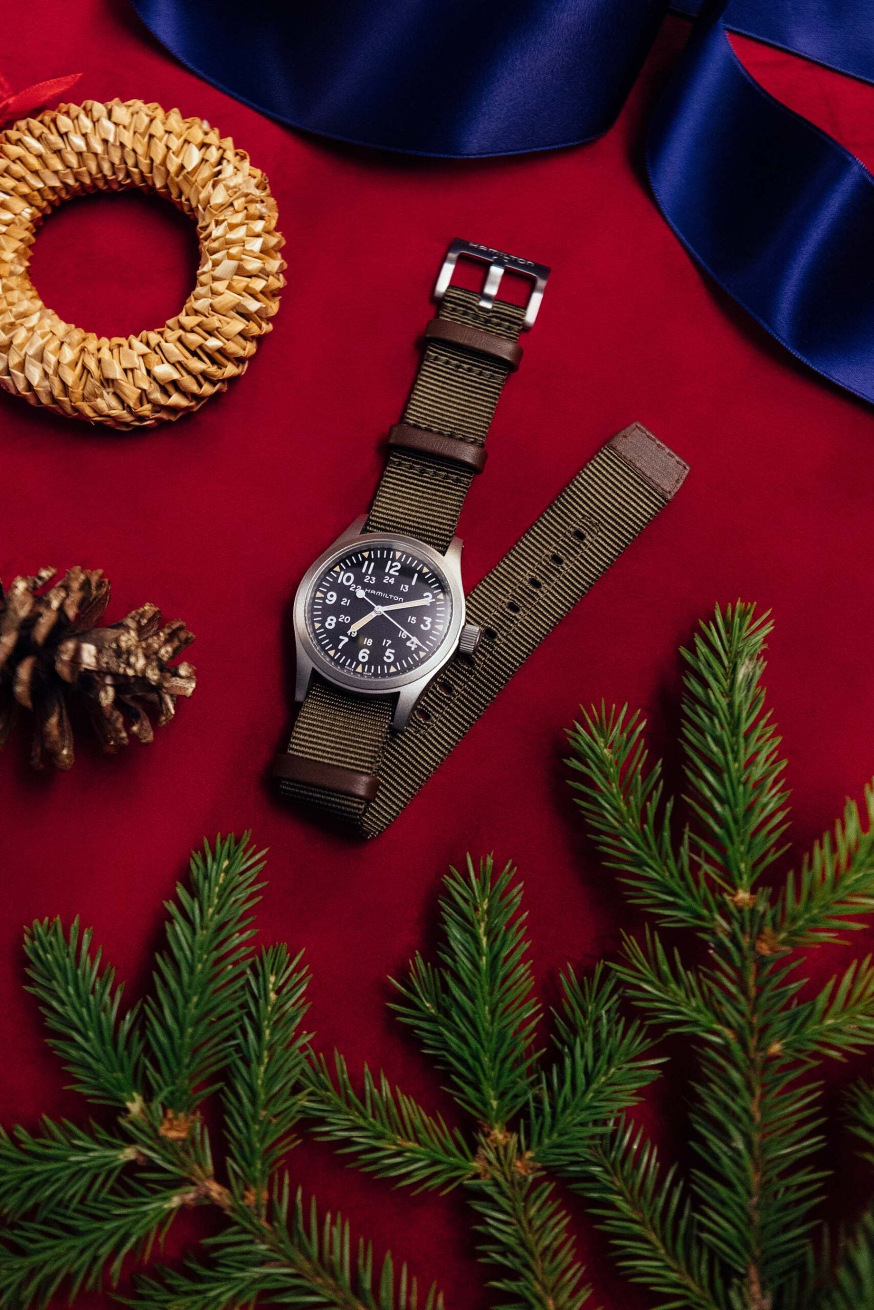 Hamilton Khaki Field Mechanical holiday flat-lay