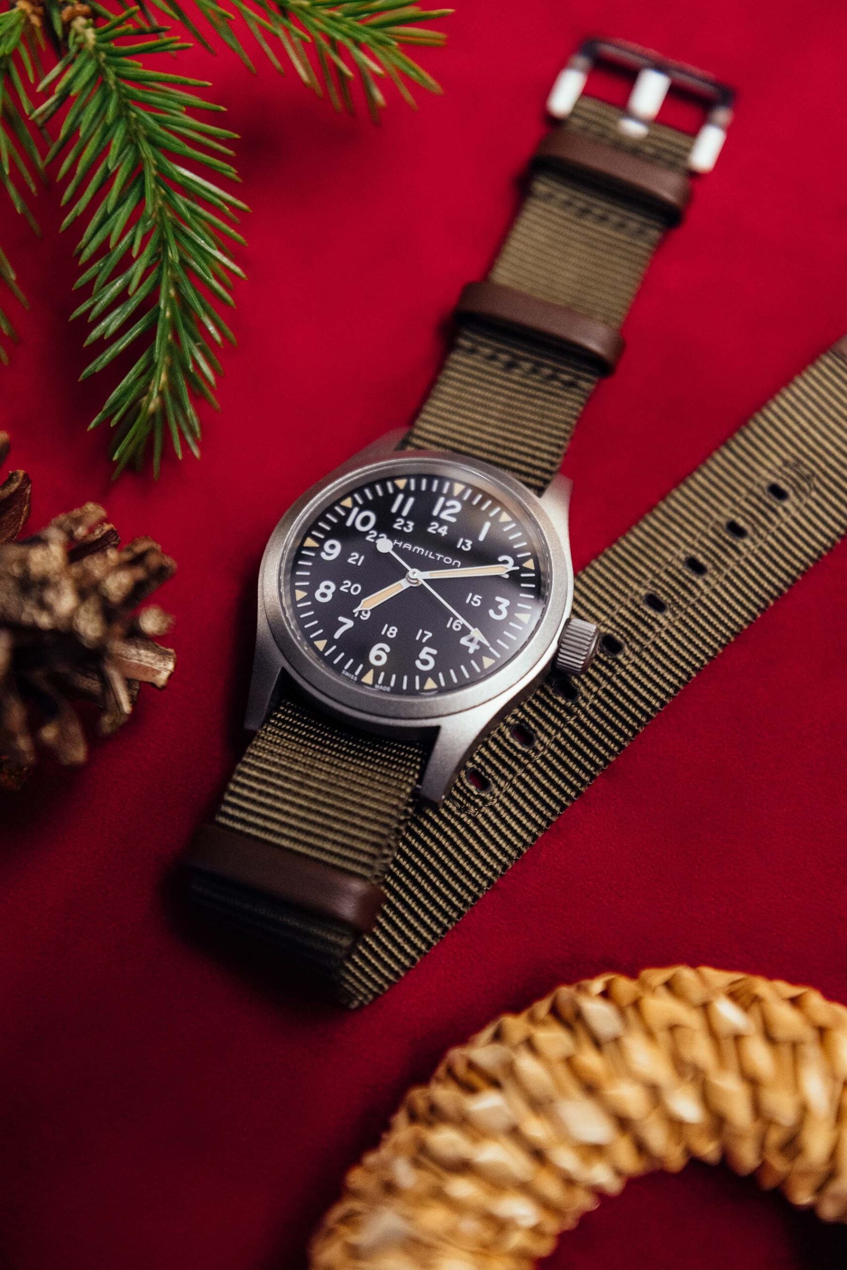 Hamilton Khaki Field Mechanical holiday flat-lay