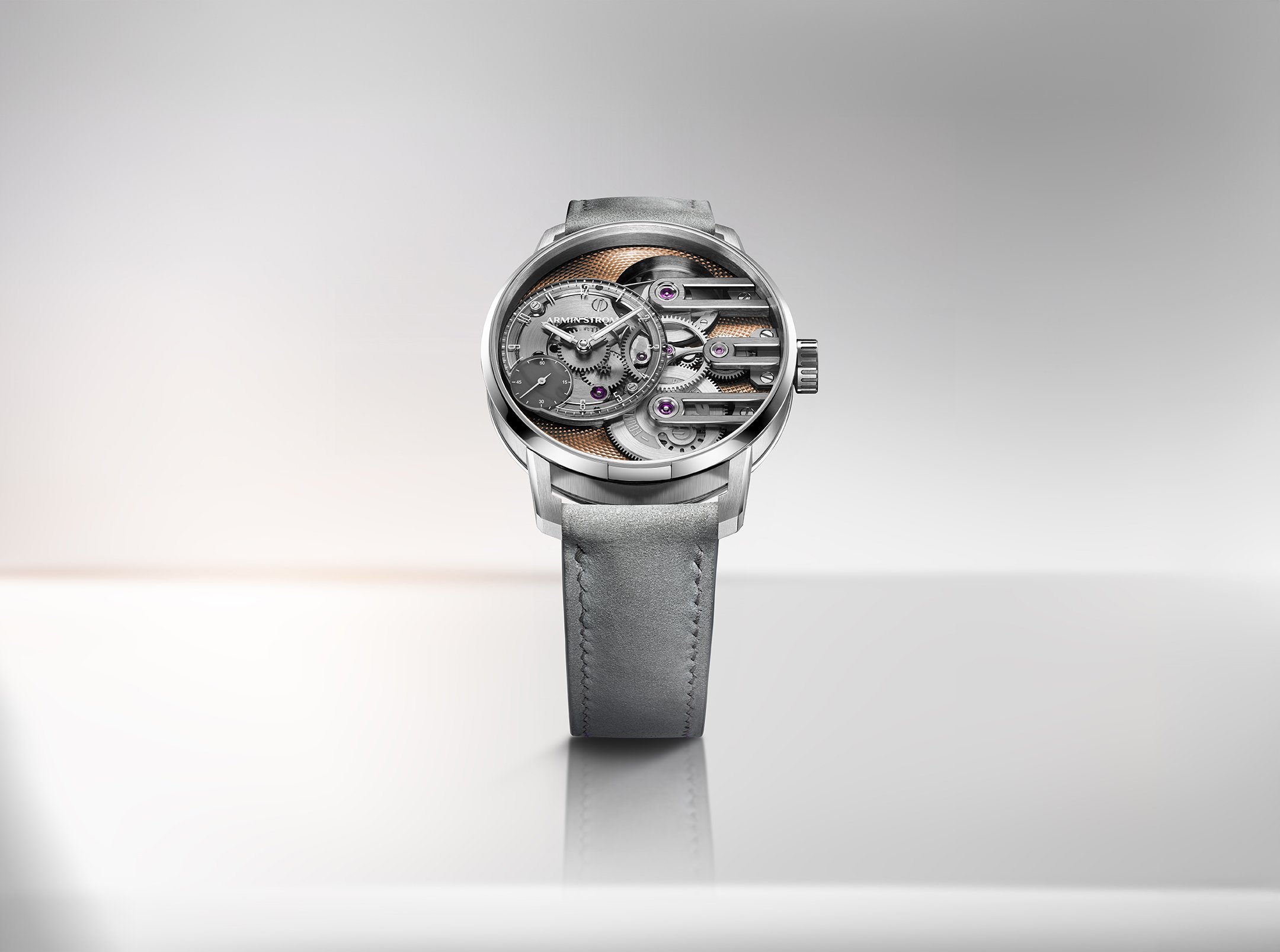 Frontal shot of the Armin Strom Gravity Equal Force Ultimate Sapphire Salmon