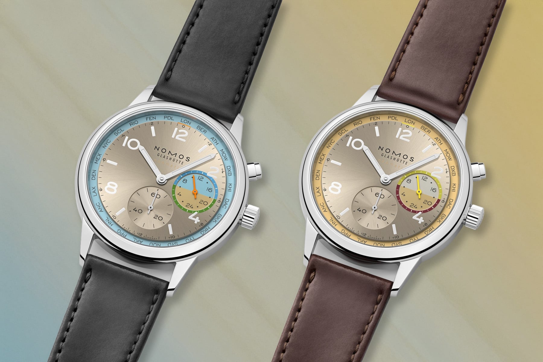 Nomos Club Sport Neomatik Worldtimer Roam and Reverie models side by side