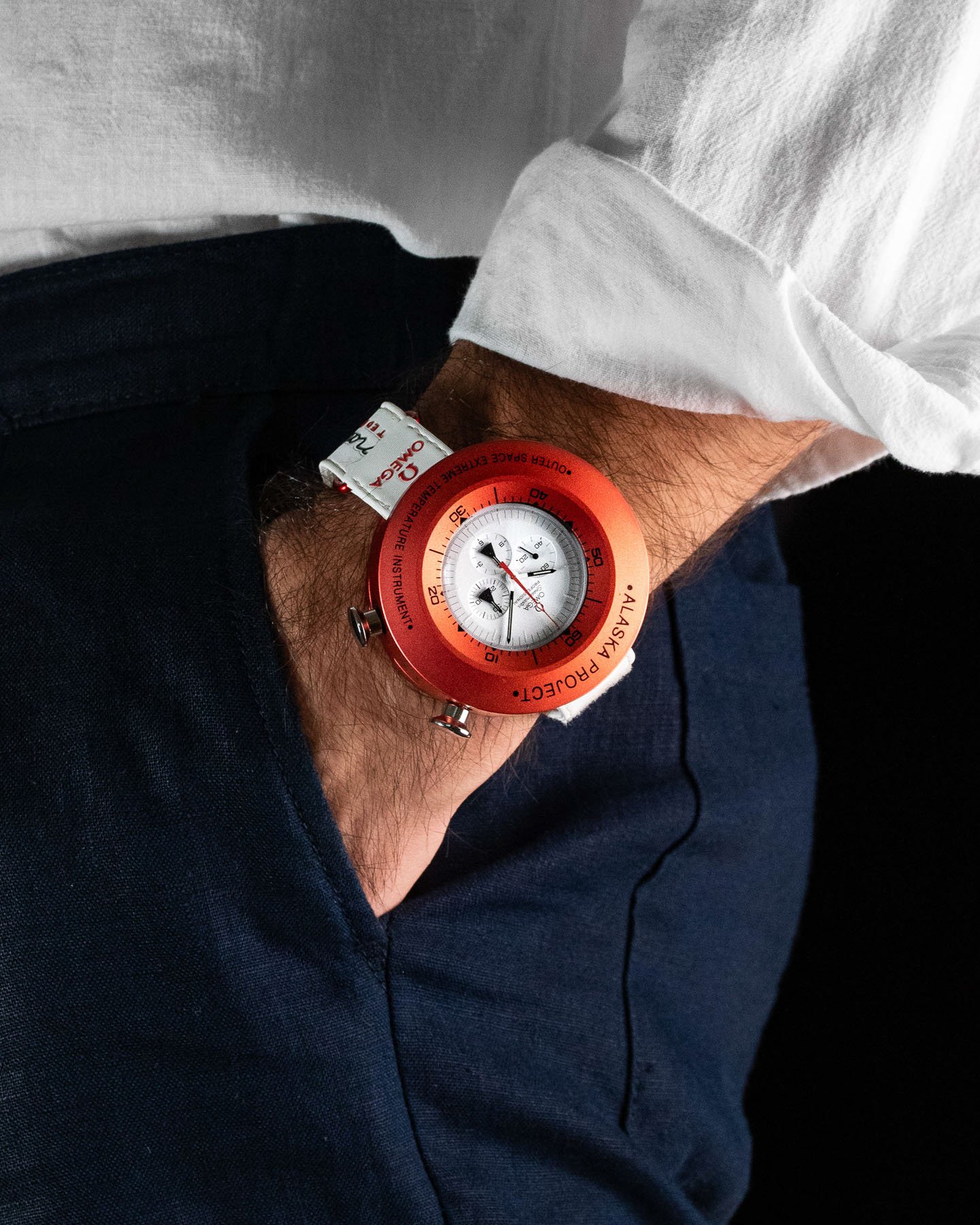 Omega Speedmaster Professional Alaska Project LE in red casing, pocket shot