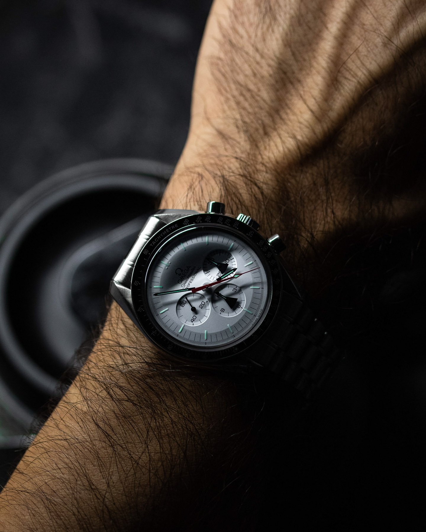 Omega Speedmaster Professional Alaska Project LE low-light wrist shot