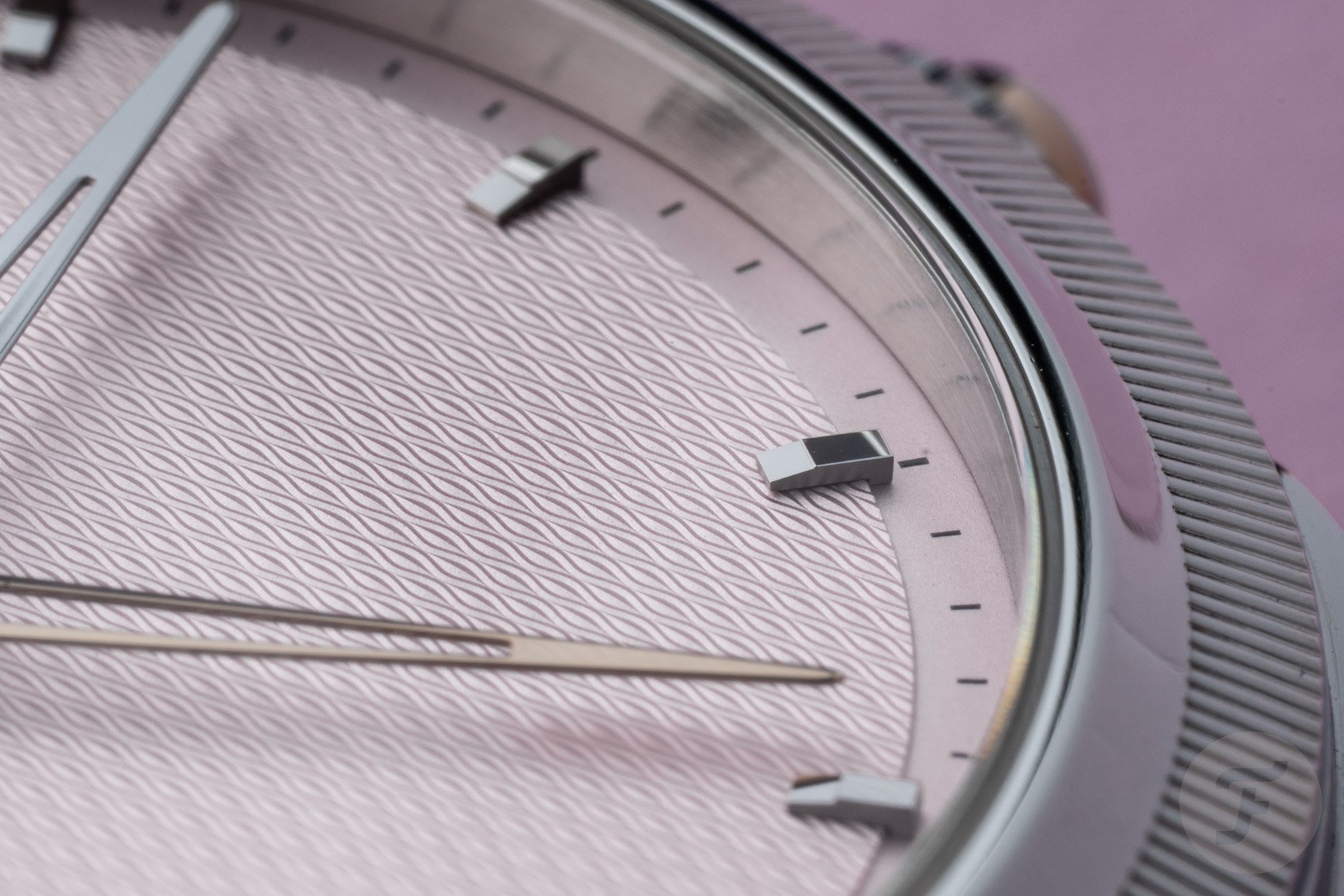 Parmigiani Fleurier Tonda PF Minute Rattrapante Arctic Rose guilloché pattern and indexes up close