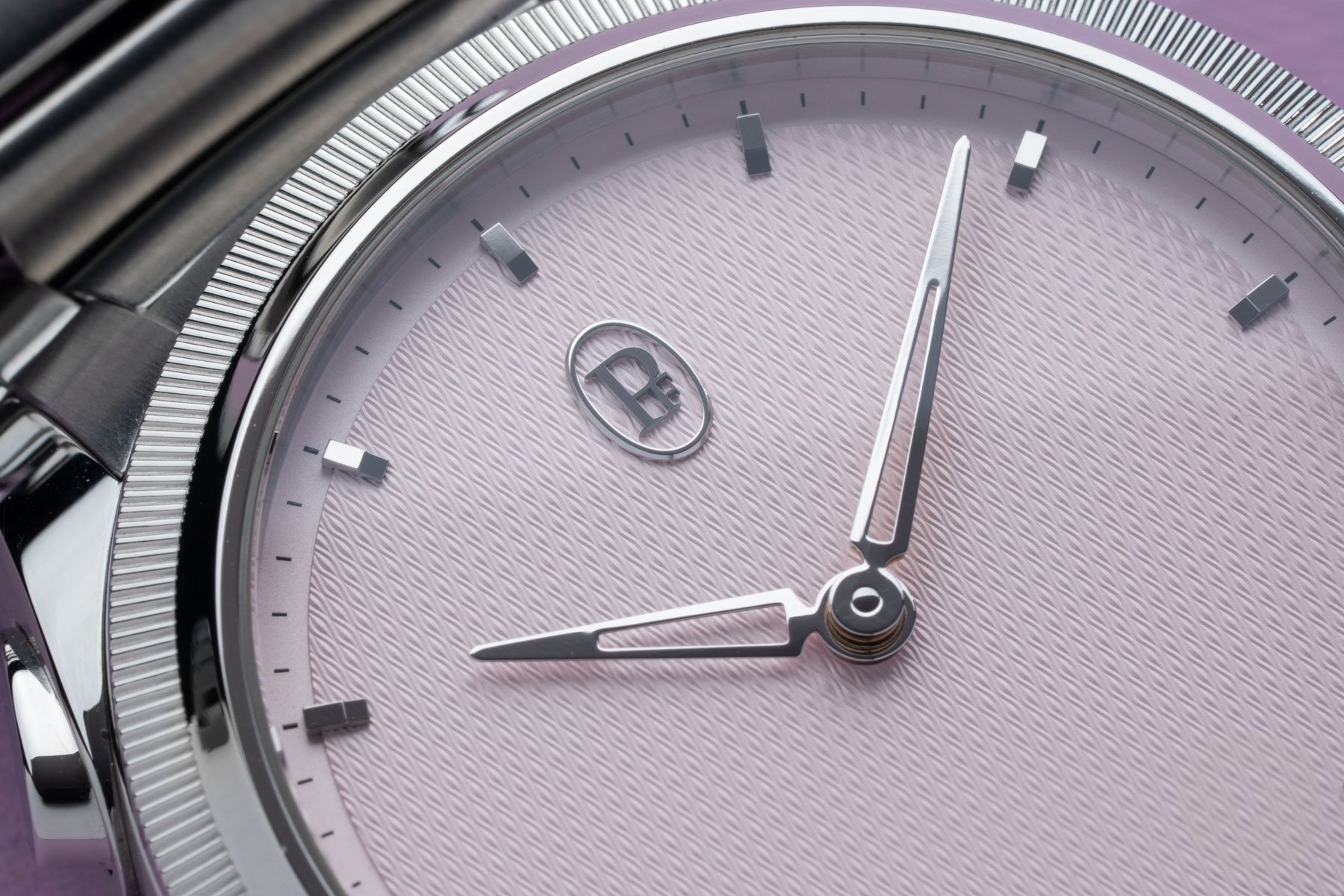 Parmigiani Fleurier Tonda PF Minute Rattrapante Arctic Rose dial and logo up close