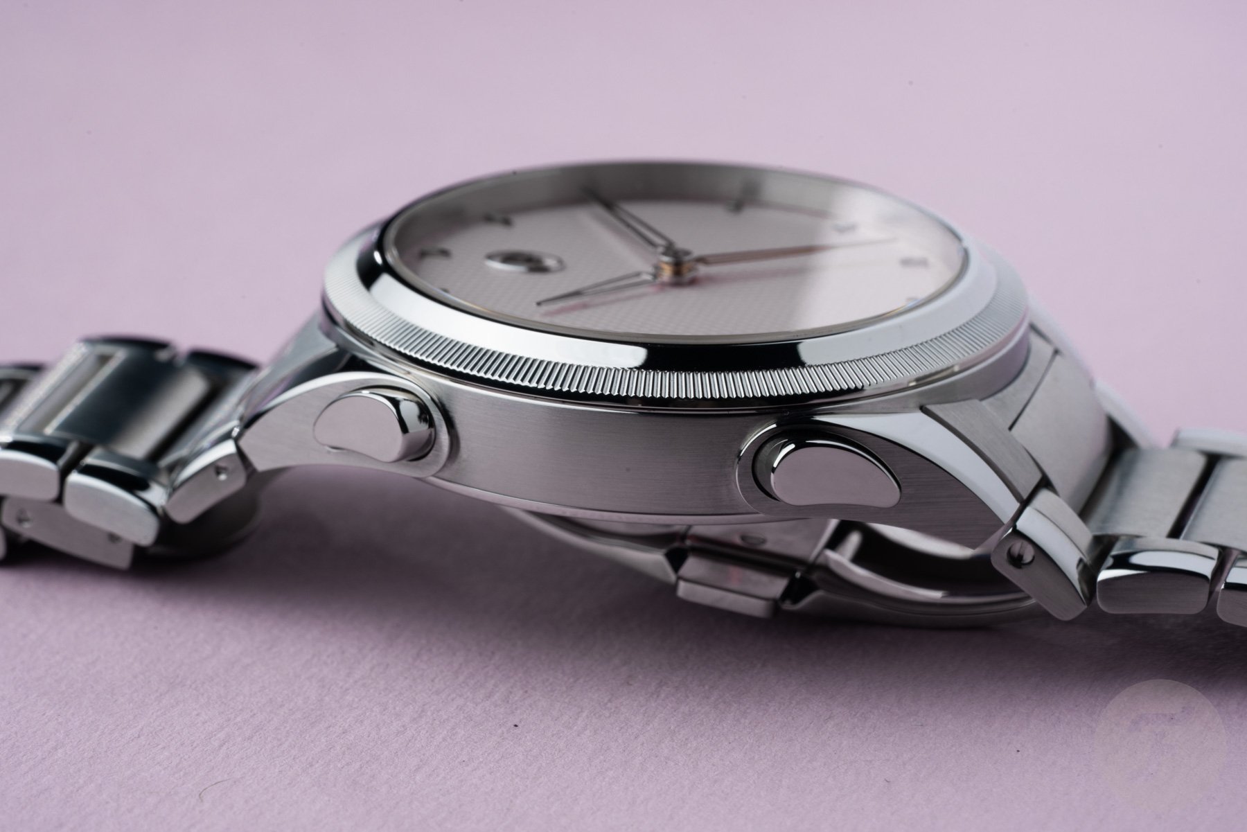 Parmigiani Fleurier Tonda PF Minute Rattrapante Arctic Rose flat-lay profile view, pusher side