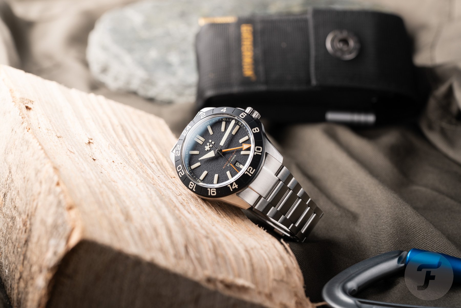 black--dial Christopher Ward C63 Sealander Extreme GMT on side, crown up