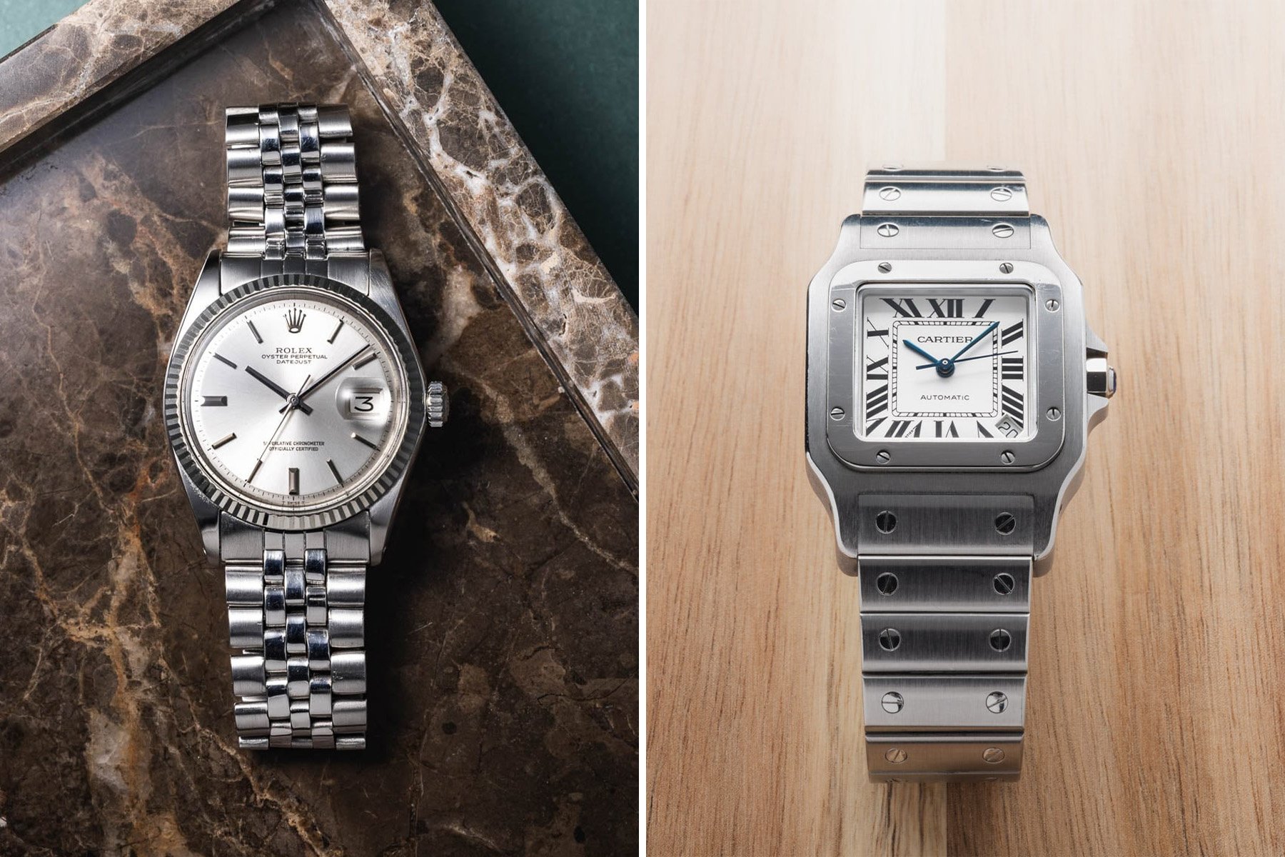 Rolex Datejust ref. 1601 vs. Cartier Santos Galbée XL header collage