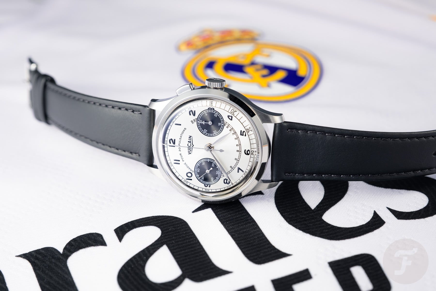 Vulcain Monopusher Heritage Panda lying on a Real Madrid shirt