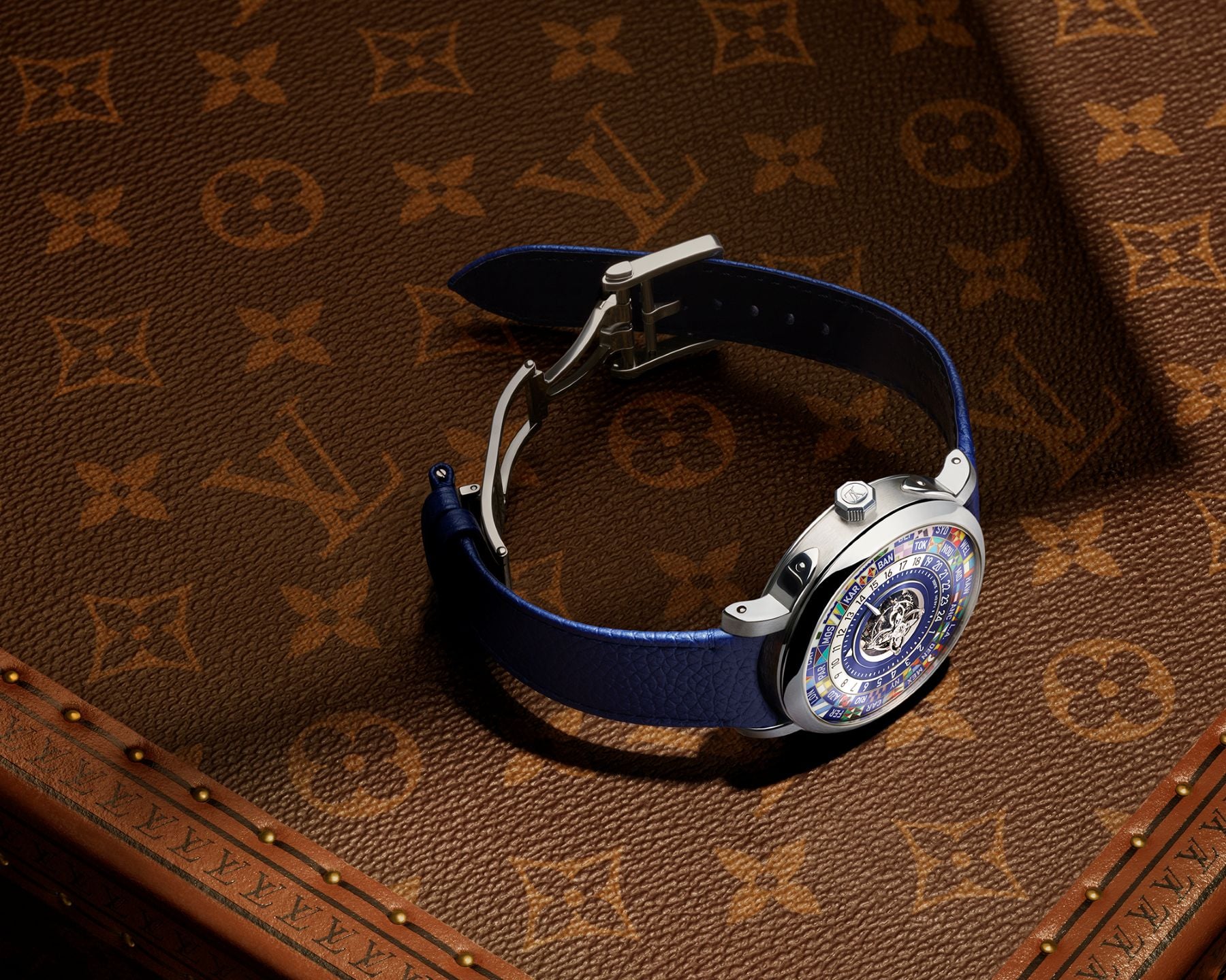 Louis Vuitton Escale Worldtime Flying Tourbillon seen from above on a trunk