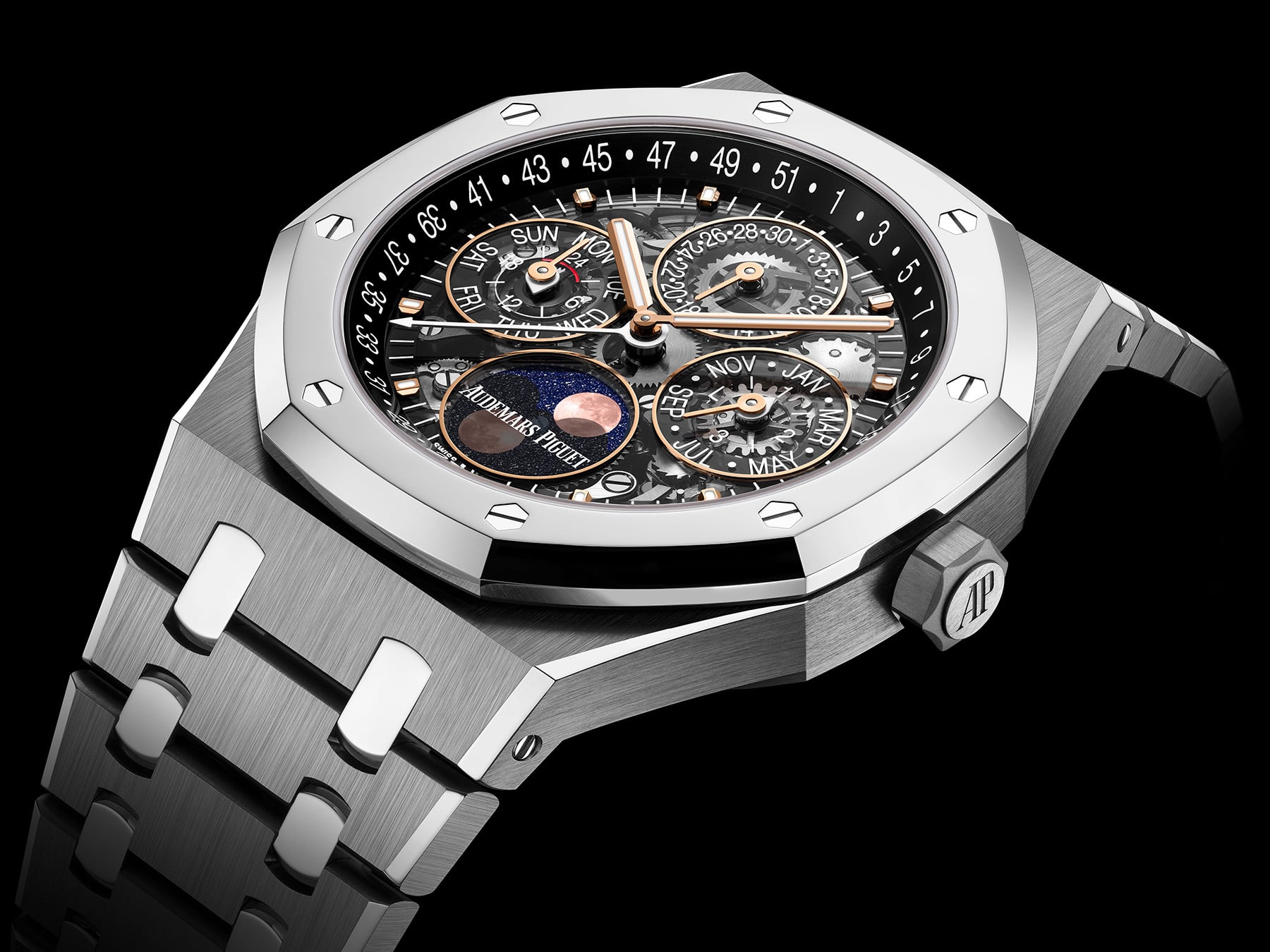 Audemars Piguet Royal Oak Selfwinding Perpetual Calendar Openworked ref. 26685XT.OO.1320XT.01 diagonal profile shot