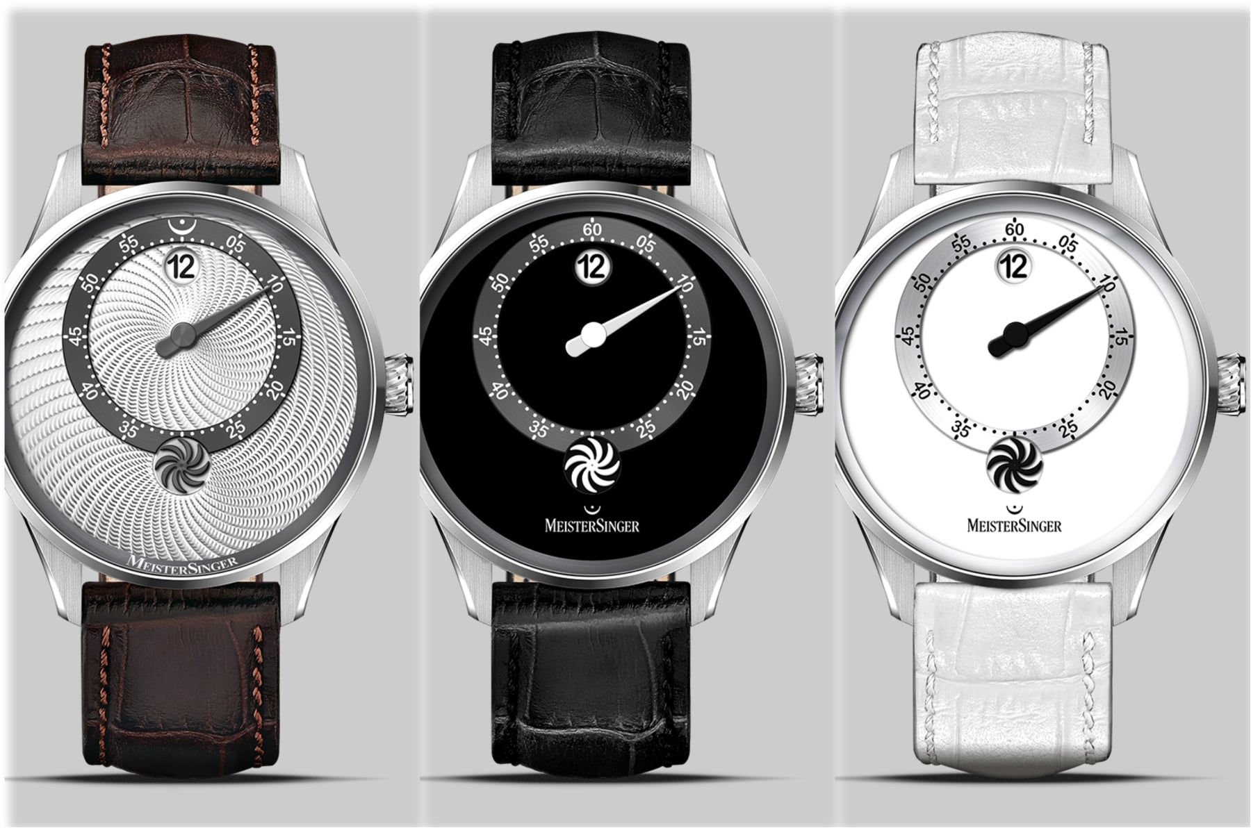 Collage of three MeisterSinger Panthero Jumping Hour watches