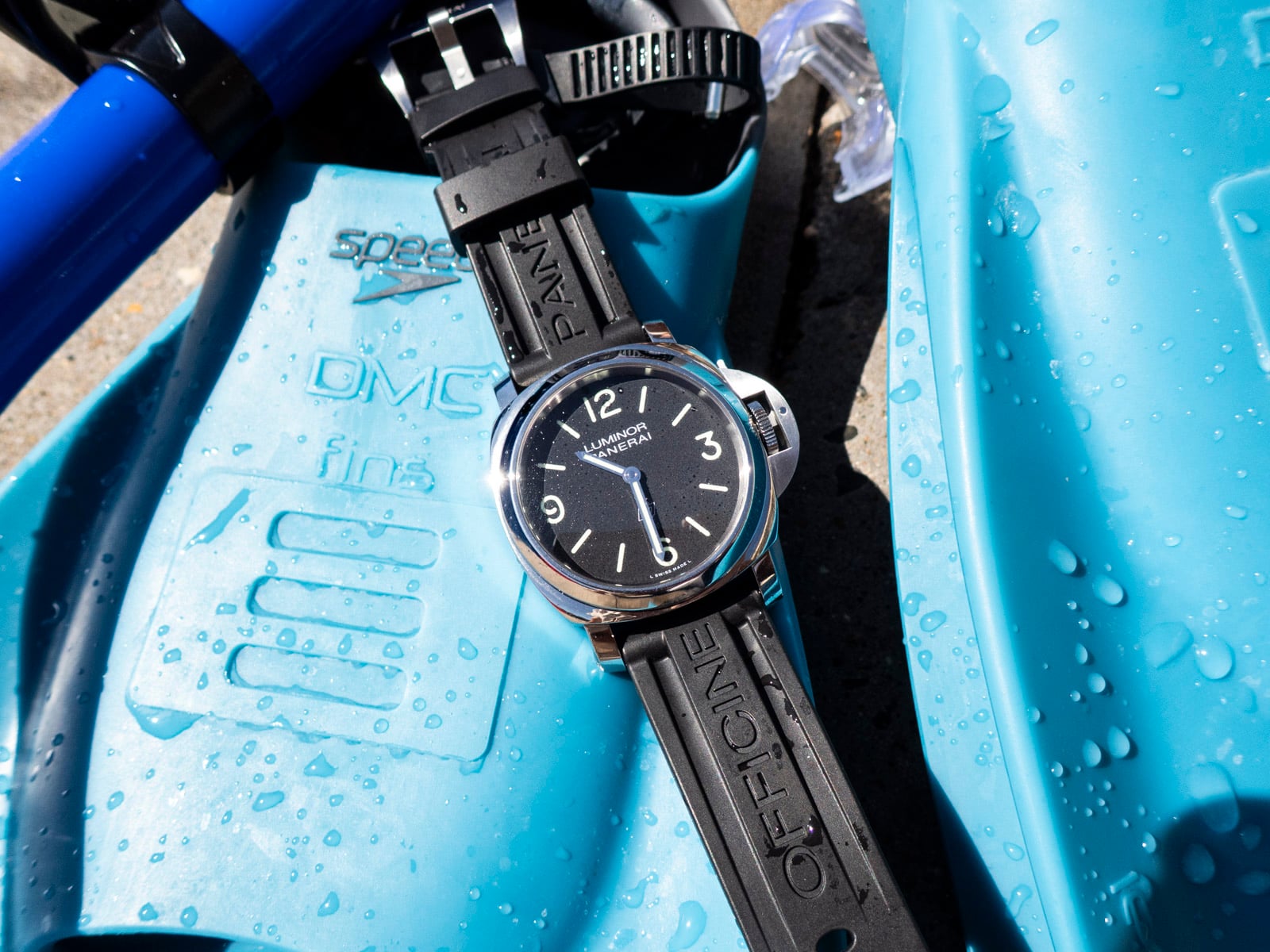 Panerai Luminor Base Logo PAM01086 flat-lay on dive equipment