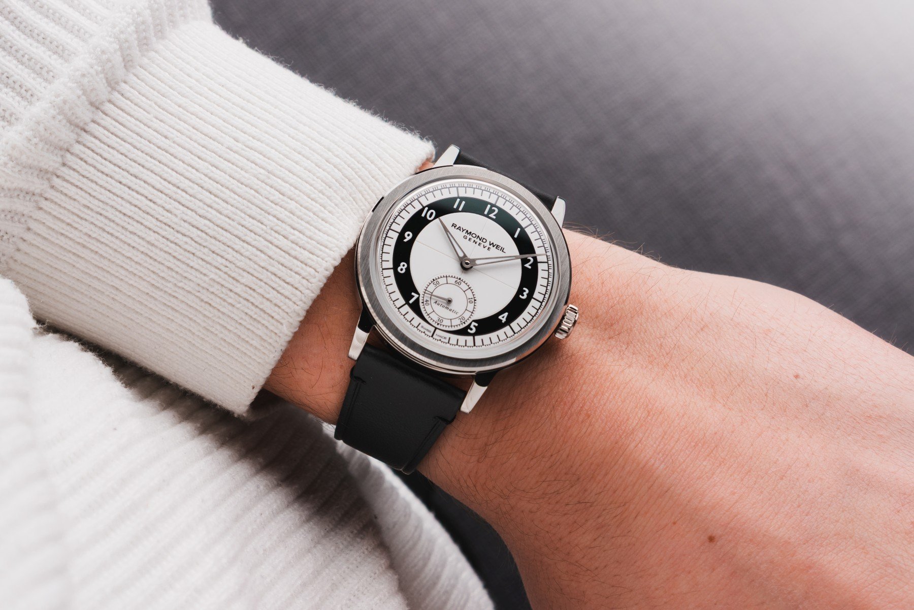 New Raymond Weil Millesime Small Seconds Tuxedo in black and white on the wrist